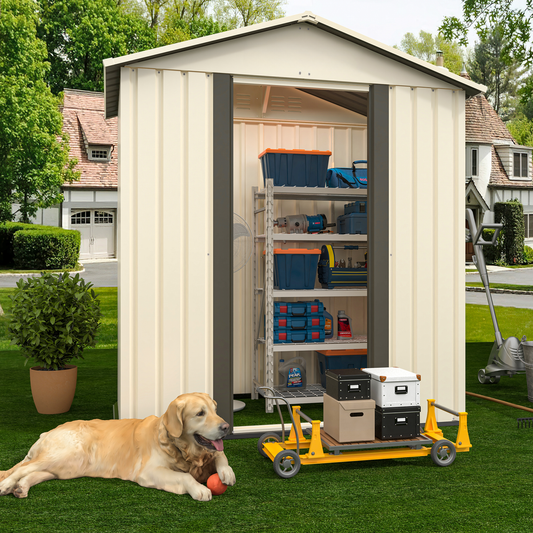 Creamcolored metal garden shed with open doors displaying organized shelves and tools