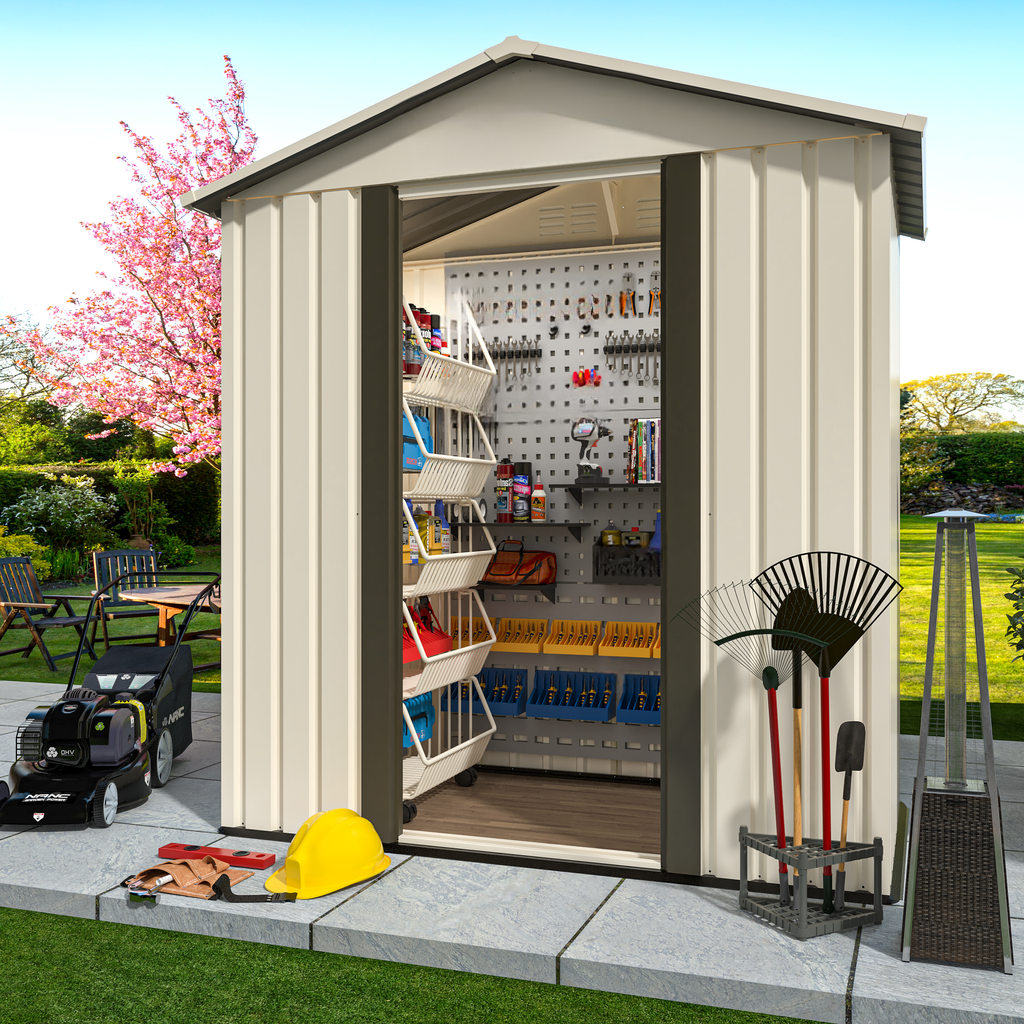 Cream metal garden shed with open door revealing organized tools and storage bins