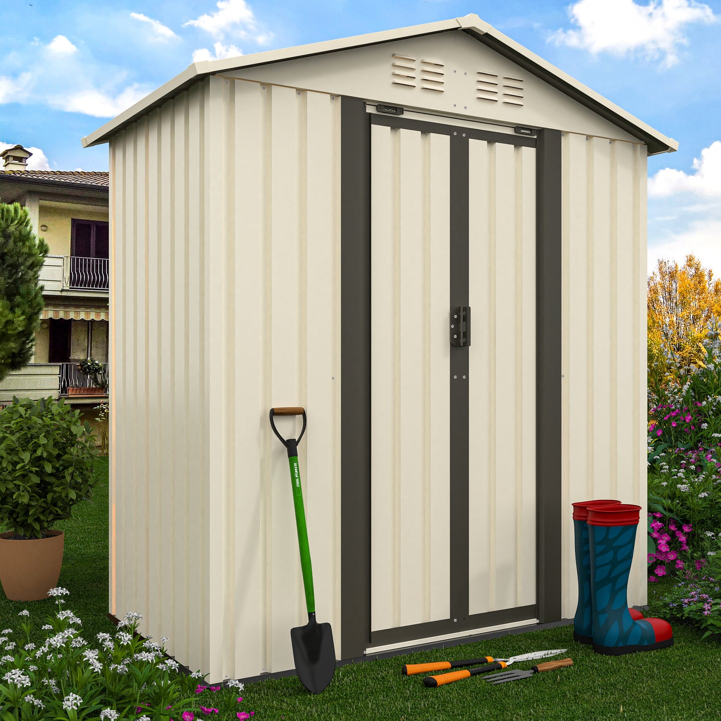 Cream metal garden shed with double doors vent details and brown accents