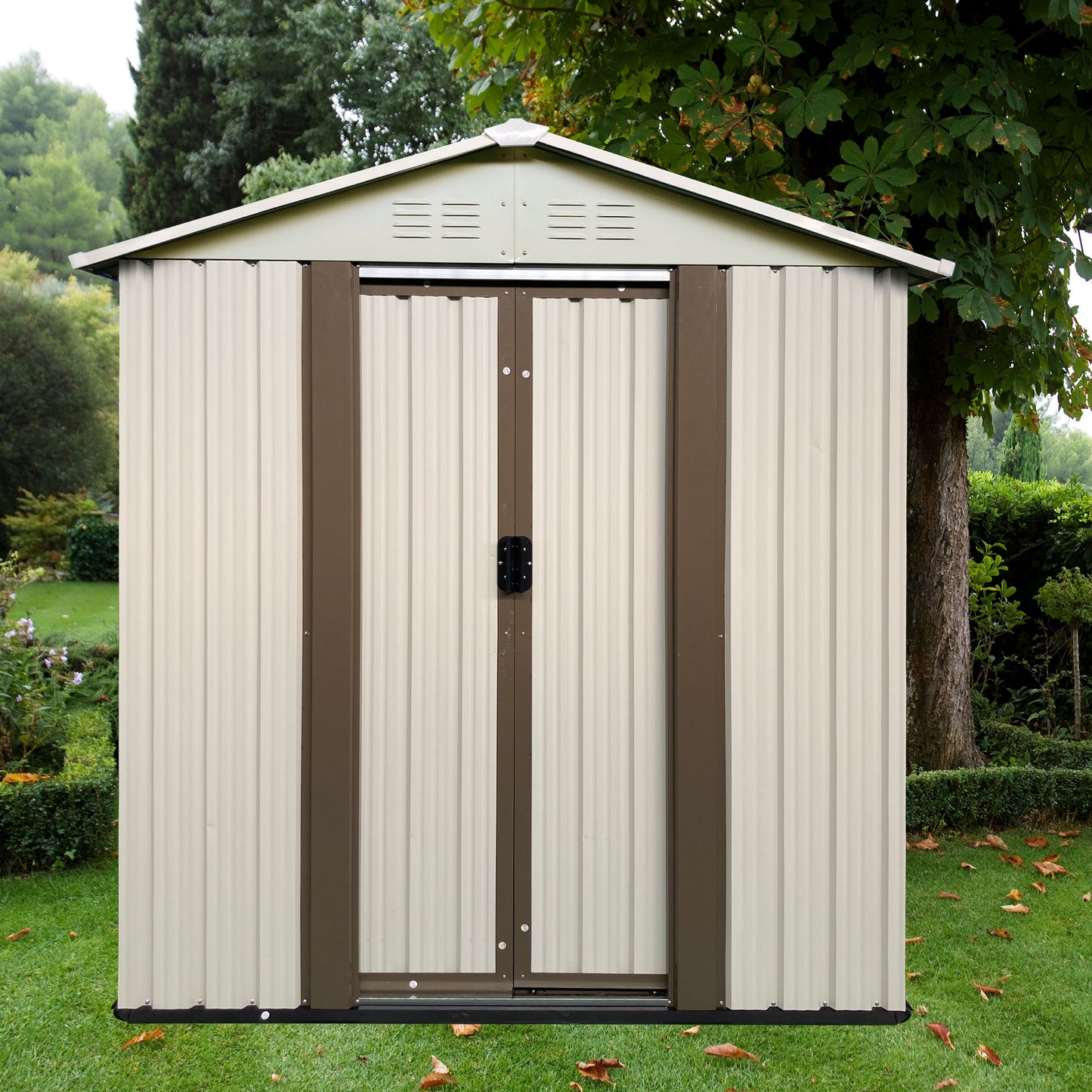 Beige metal garden shed with double doors