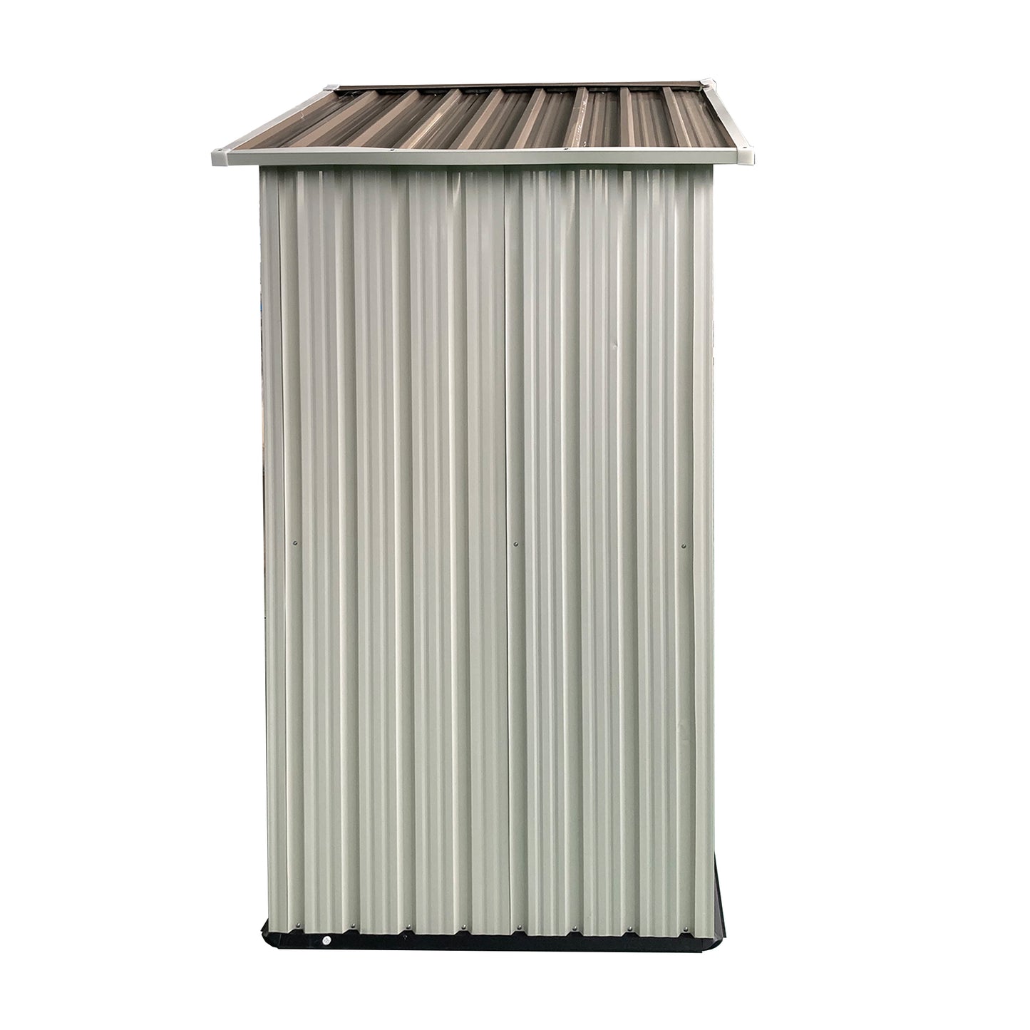 Tall beige metal storage shed with corrugated siding and a brown metal roof