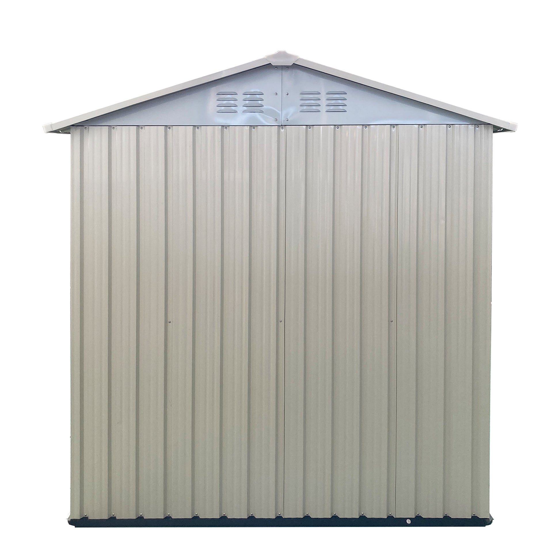 Tan corrugated metal garden shed with peaked roof and vents