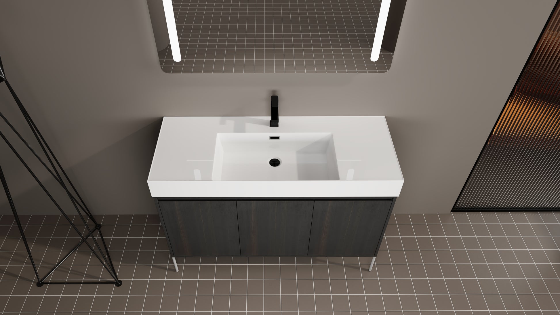 Modern dark wood bathroom vanity with white integrated sink and black faucet