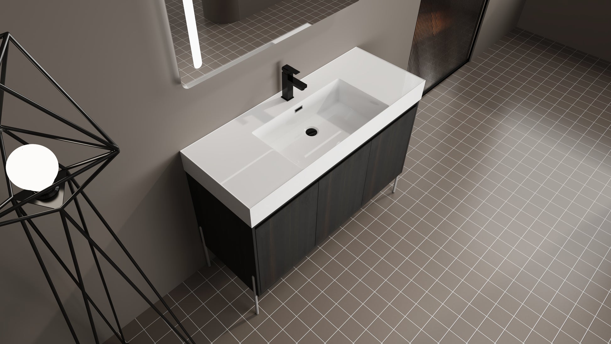 Modern white ceramic basin with dark wood vanity and black faucet
