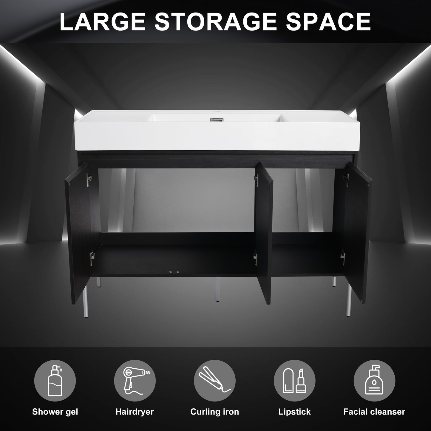 Dark wood double vanity with white top and open cabinets