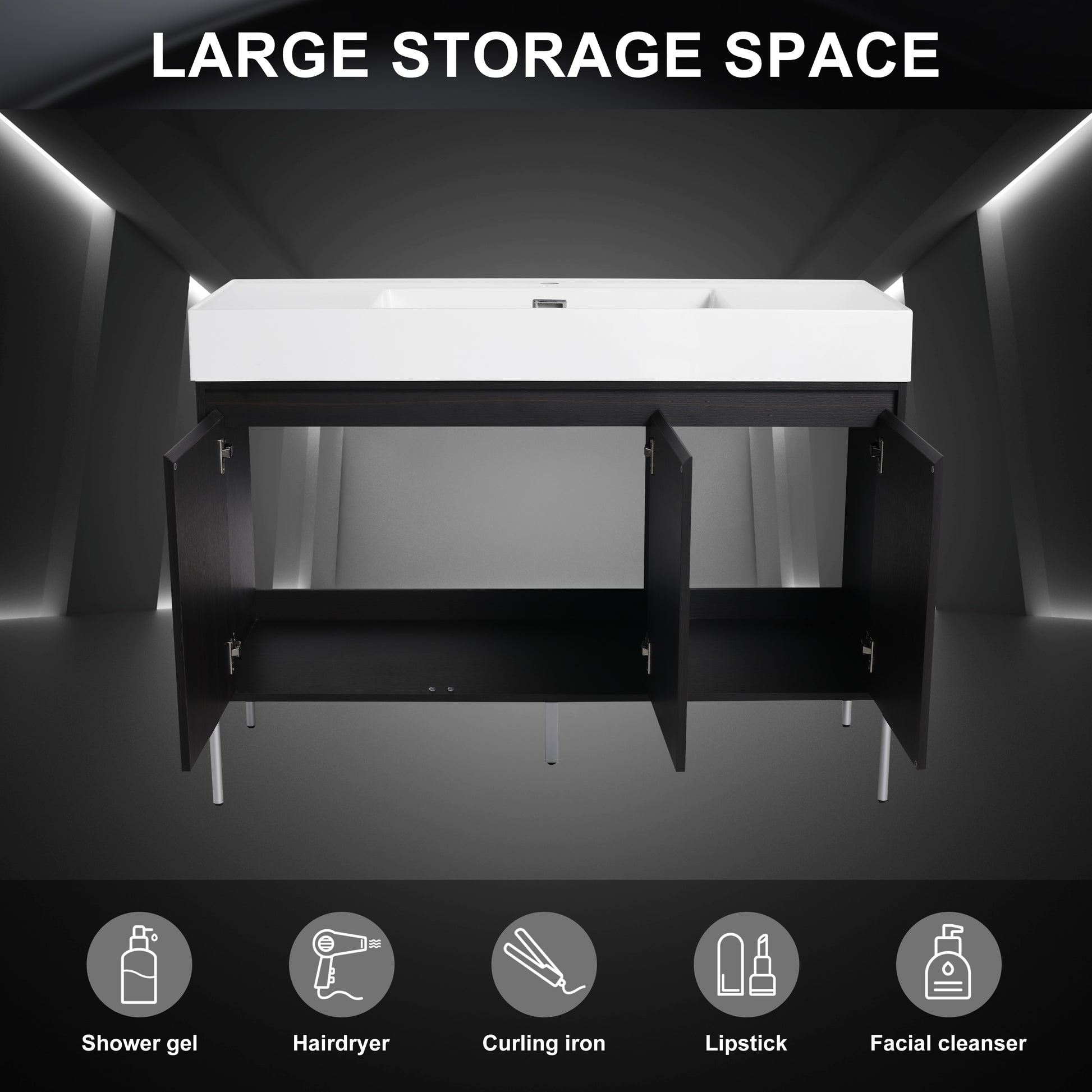 Dark wood double vanity with white top and open cabinets