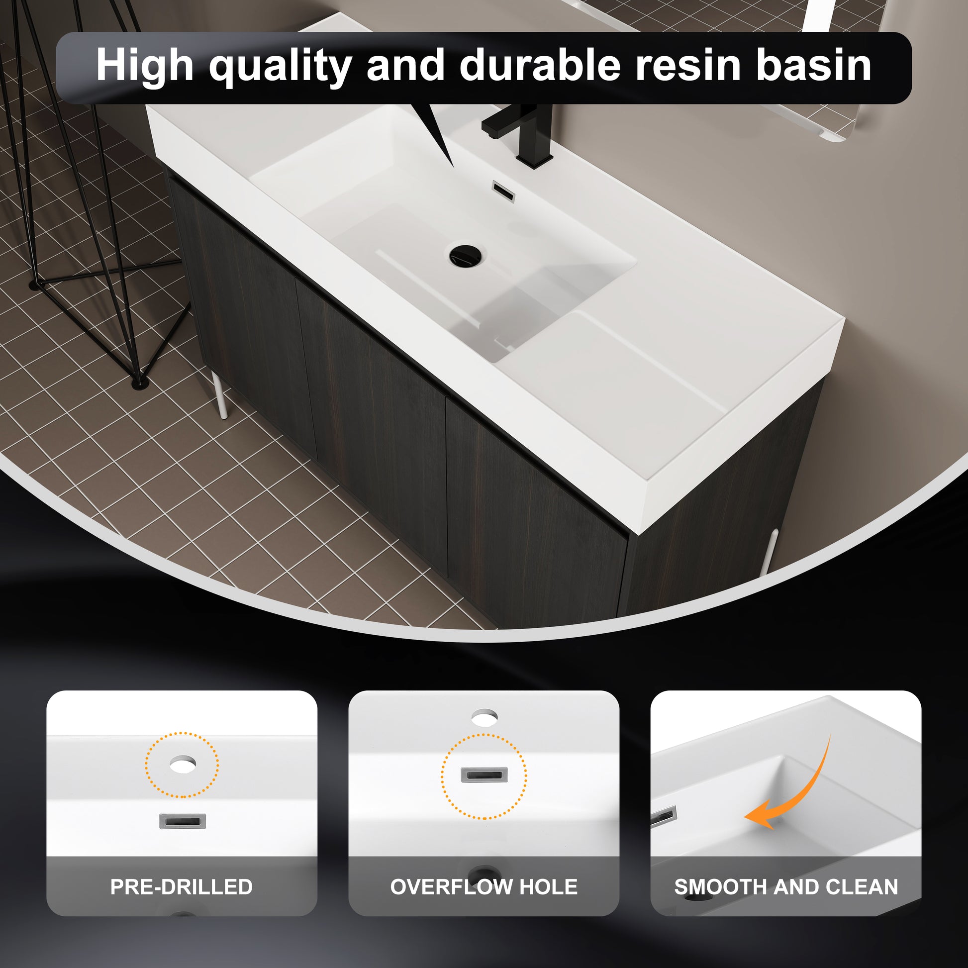 Modern white resin basin with dark wood vanity and black faucet