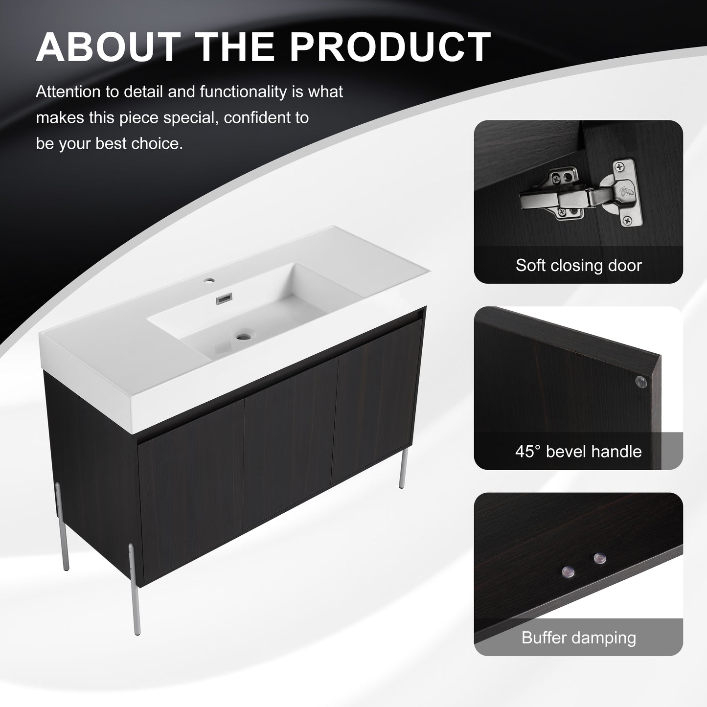Dark wood modern vanity with integrated white sink and softclose doors