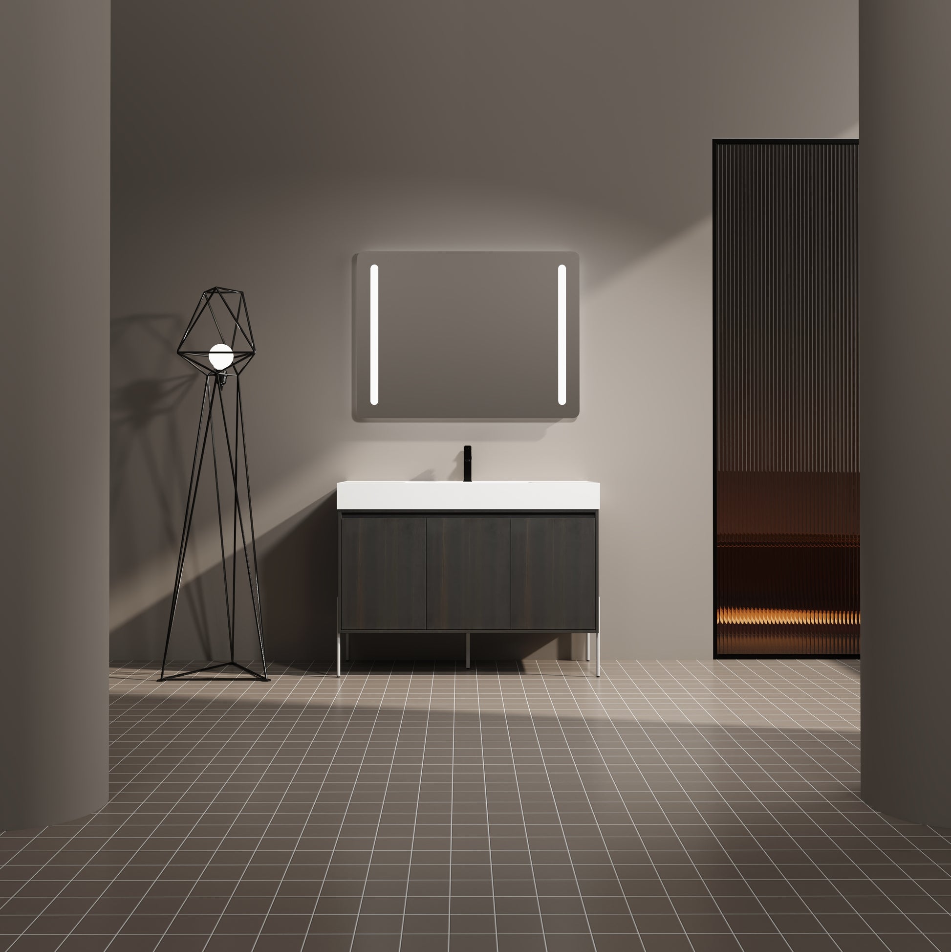 Modern dark wood vanity with white countertop and LED mirror