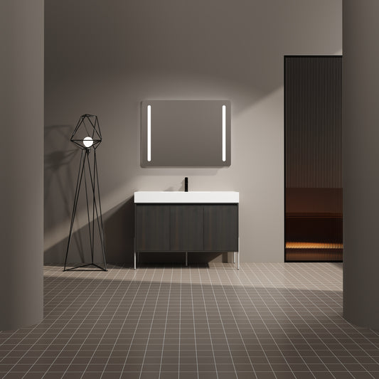Modern dark wood vanity with white countertop and LED mirror