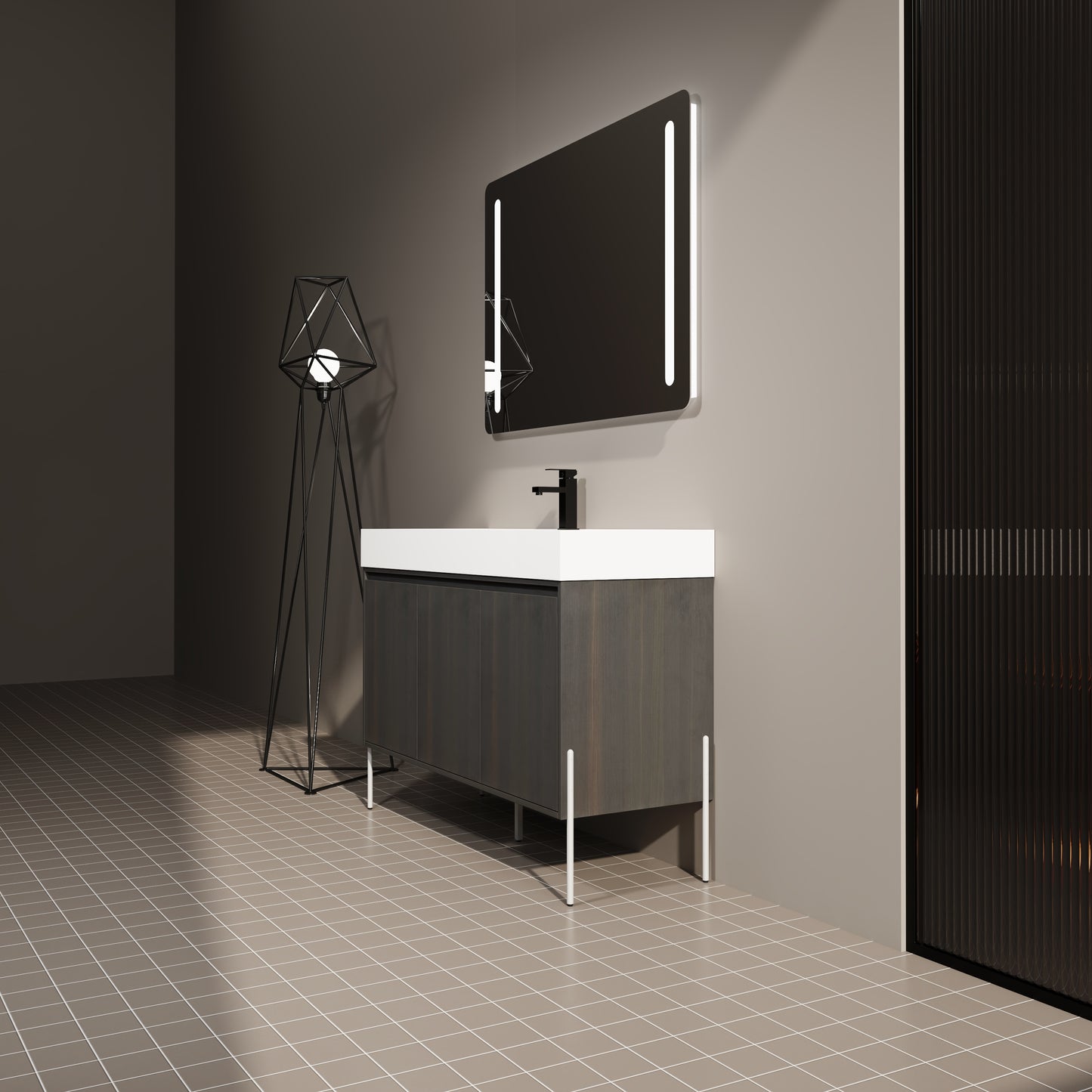 Dark wood modern bathroom vanity with white countertop and black faucet