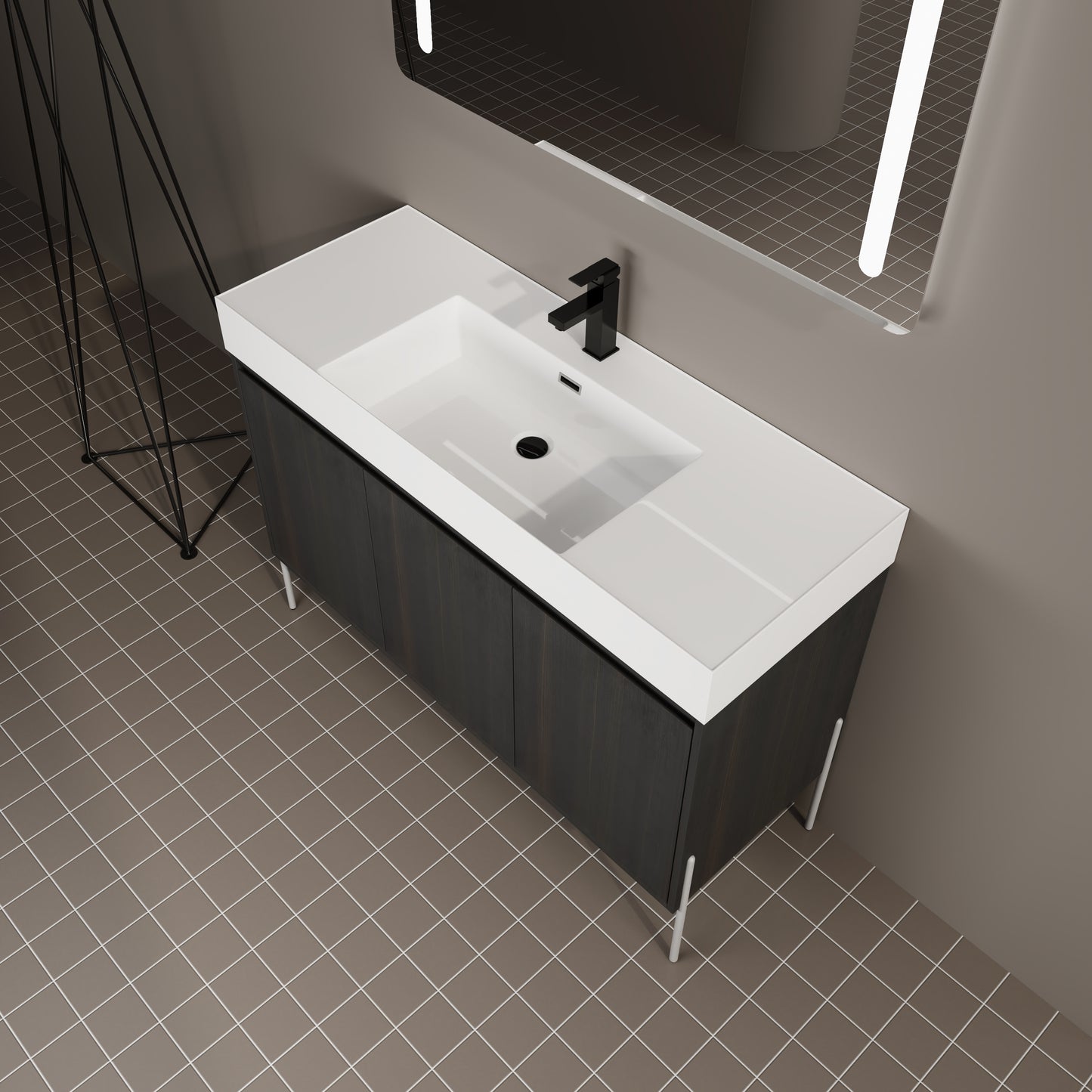 Modern dark wood vanity with white integrated sink and black faucet
