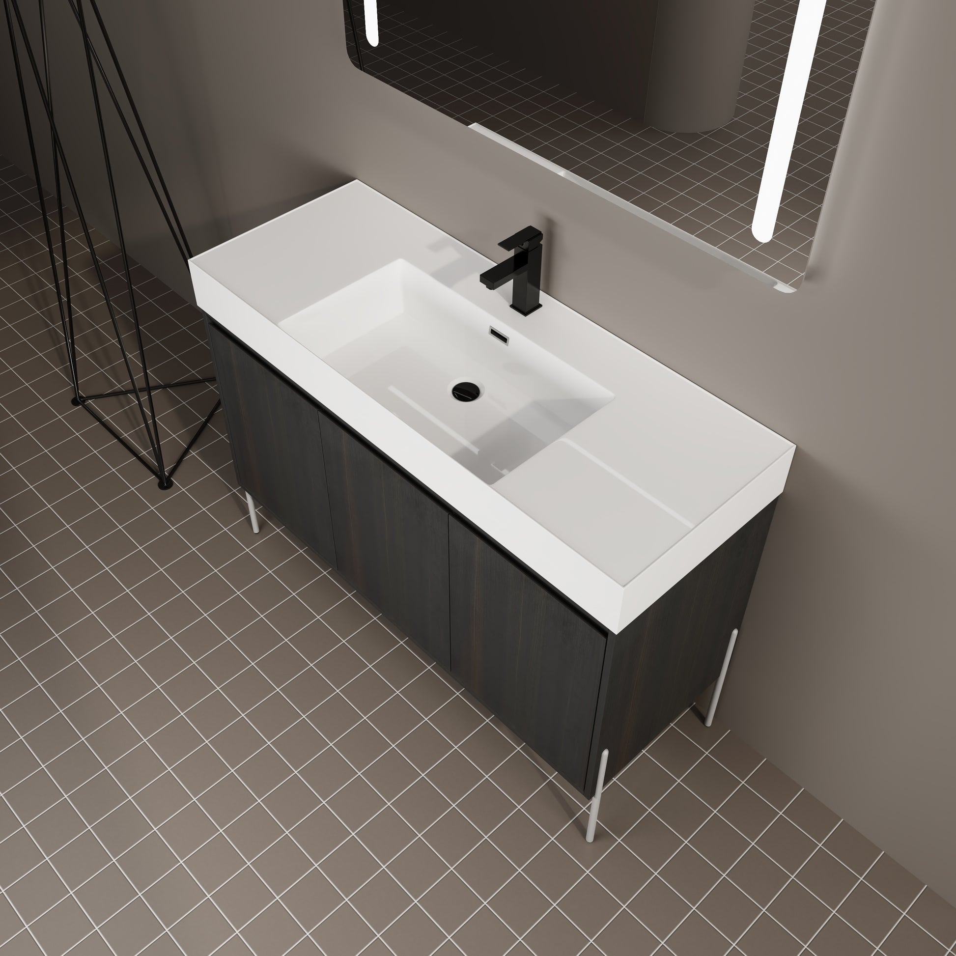Modern dark wood vanity with white integrated sink and black faucet