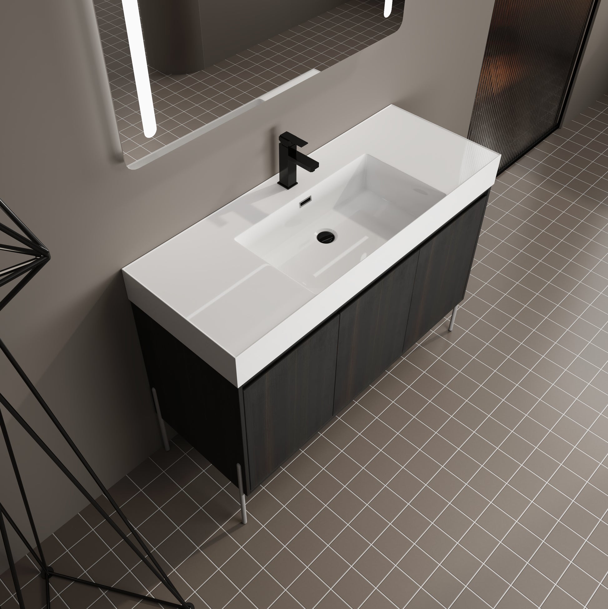 Modern dark wood bathroom vanity with white countertop and integrated sink