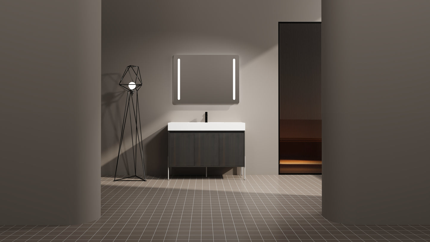 Dark wood modern vanity with white countertop and integrated sink