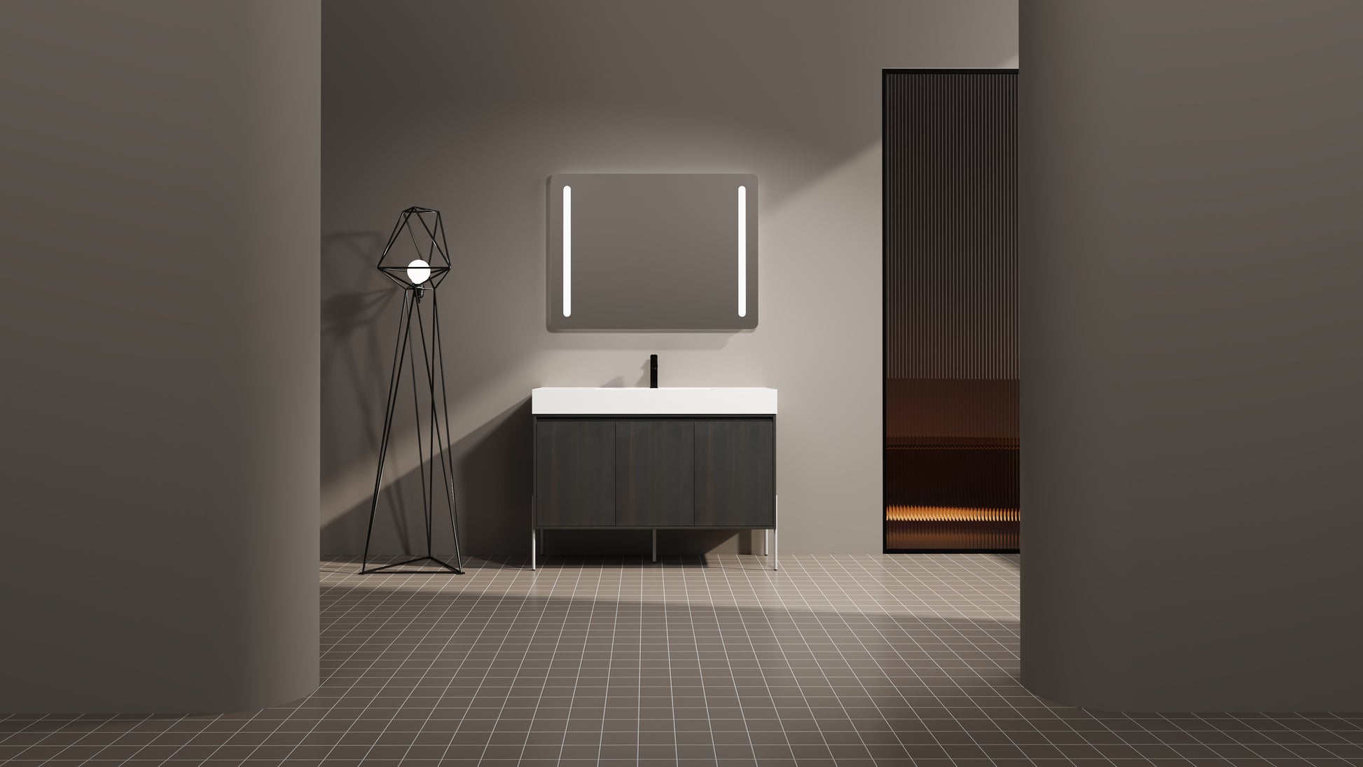 Dark wood modern vanity with white countertop and integrated sink
