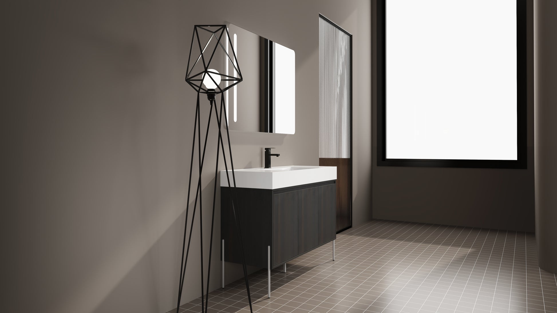 Modern black geometric floor lamp with exposed bulb illuminating a contemporary bathroom