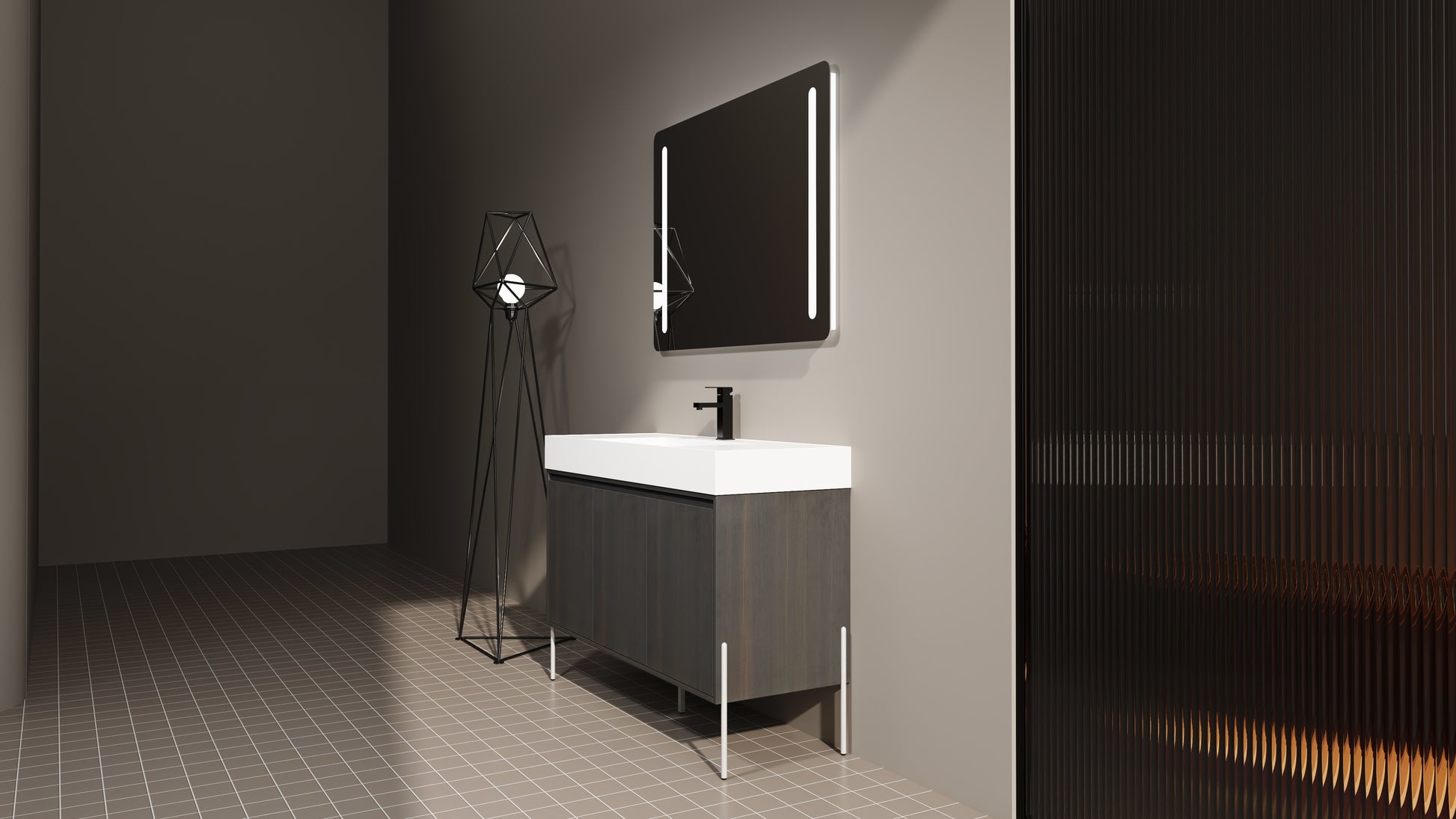 Dark wood bathroom vanity with white countertop and modern black faucet
