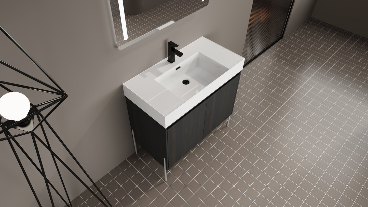 Modern dark wood bathroom vanity with white integrated sink and black faucet