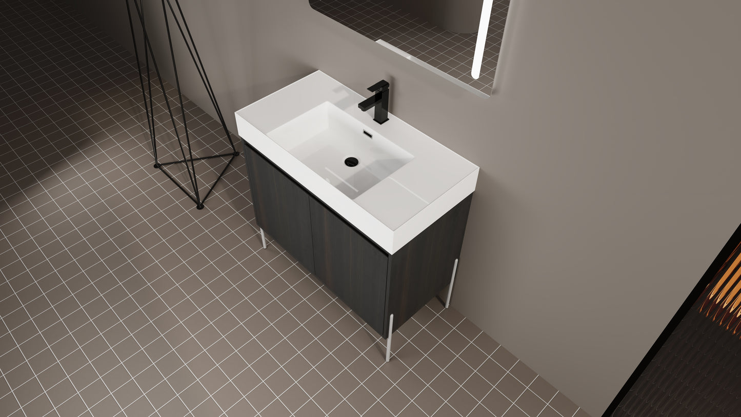 Modern dark wood single vanity with white ceramic sink and black faucet