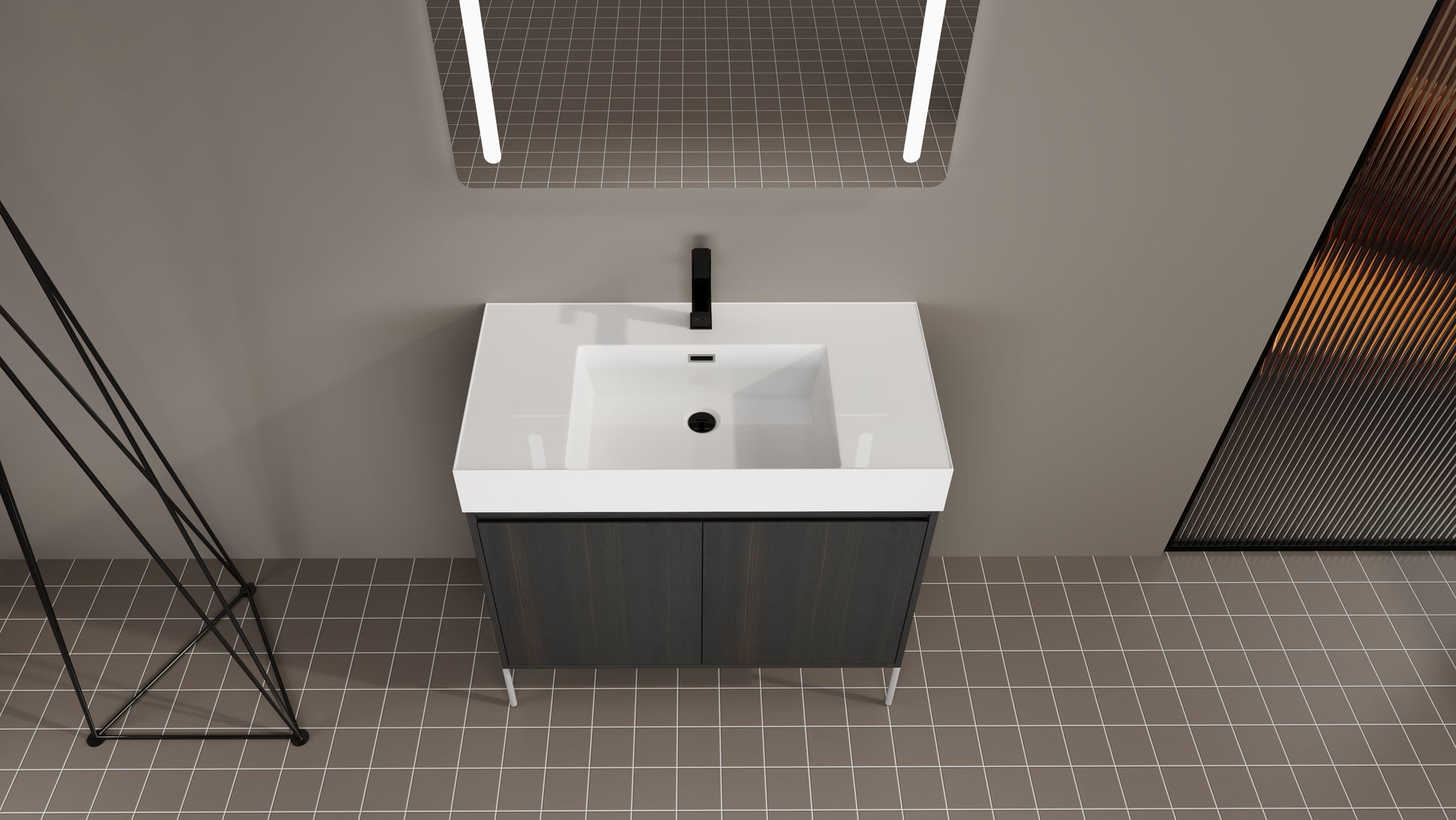 Modern dark wood vanity with white integrated sink and black faucet