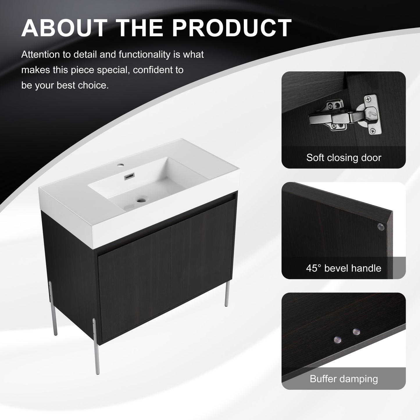 Dark wood vanity with white integrated sink and silver legs