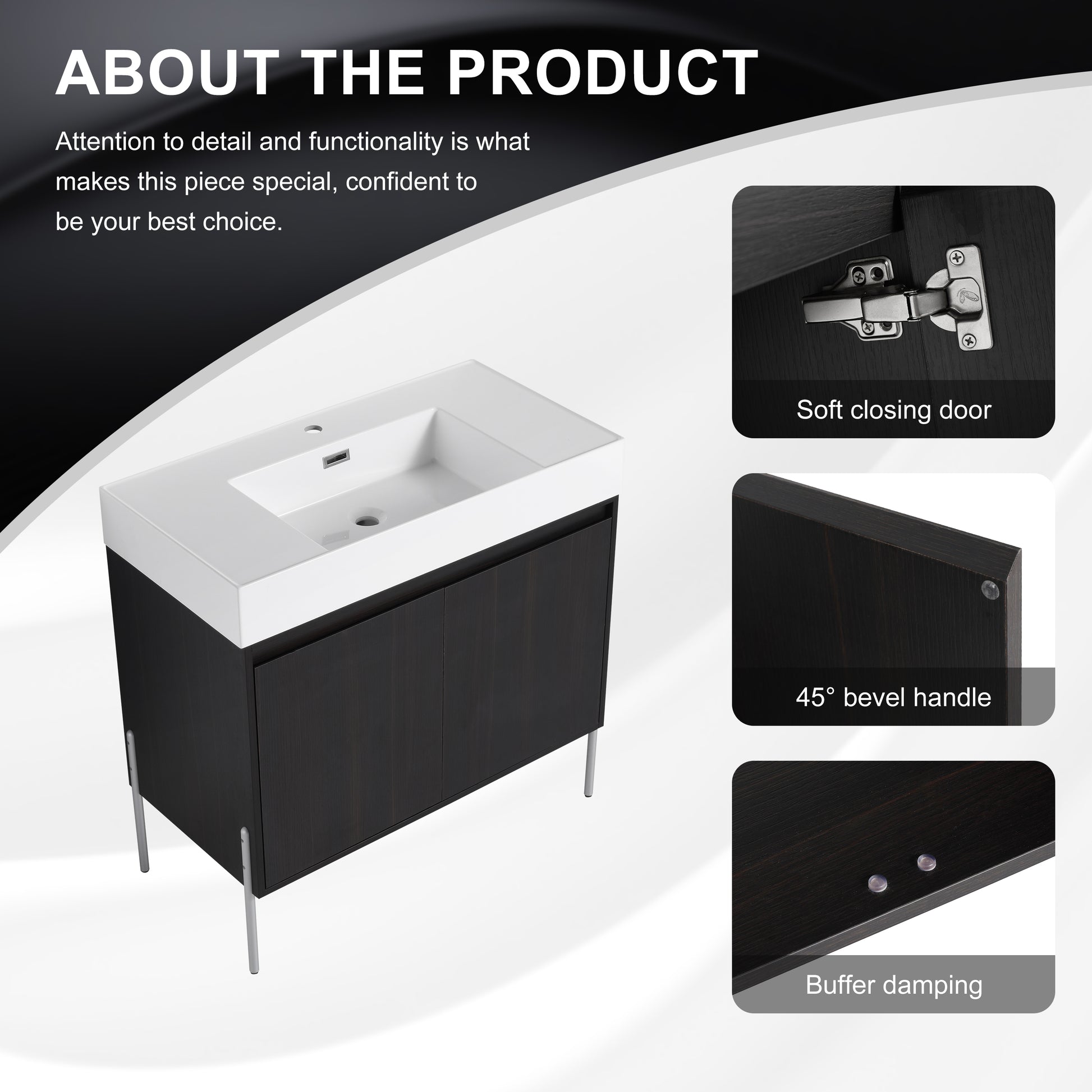 Dark wood vanity with white integrated sink and silver legs