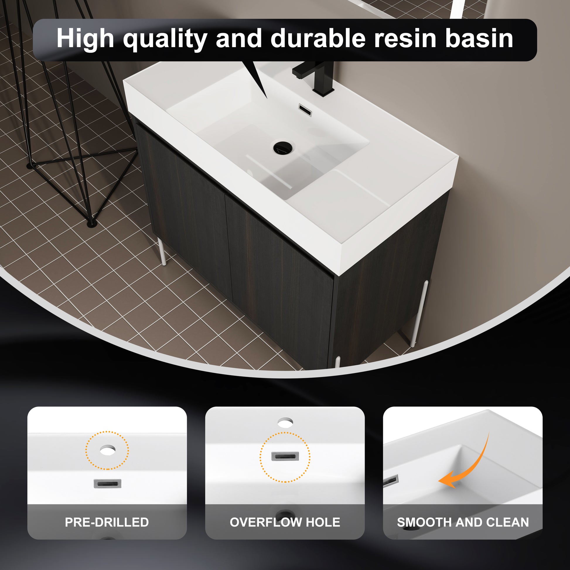 Modern white resin basin with dark wood cabinet and matte black faucet