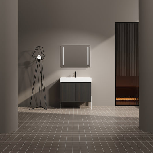 Dark woodgrain bathroom vanity with white countertop and brushed nickel faucet