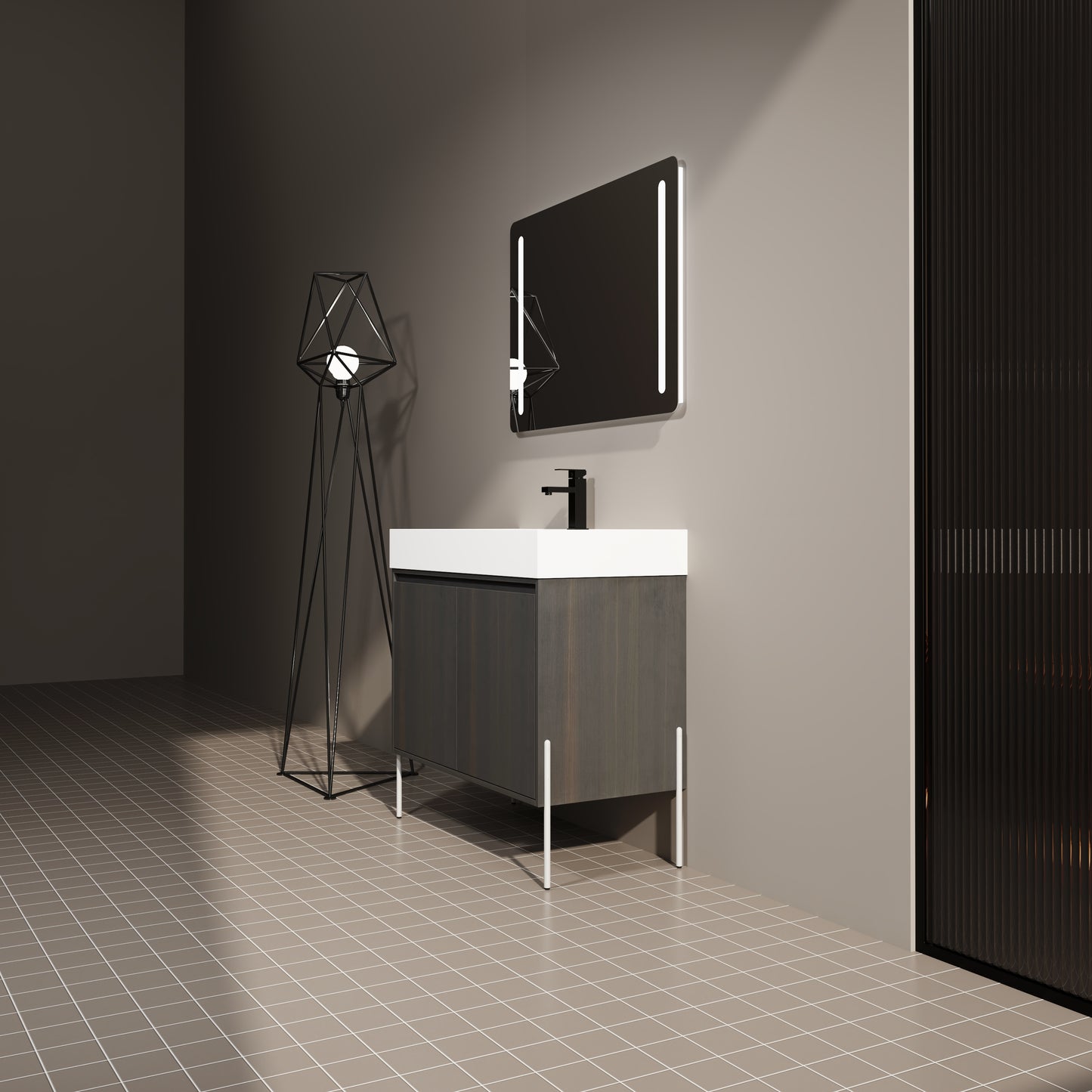Modern dark wood vanity with white countertop and black faucet