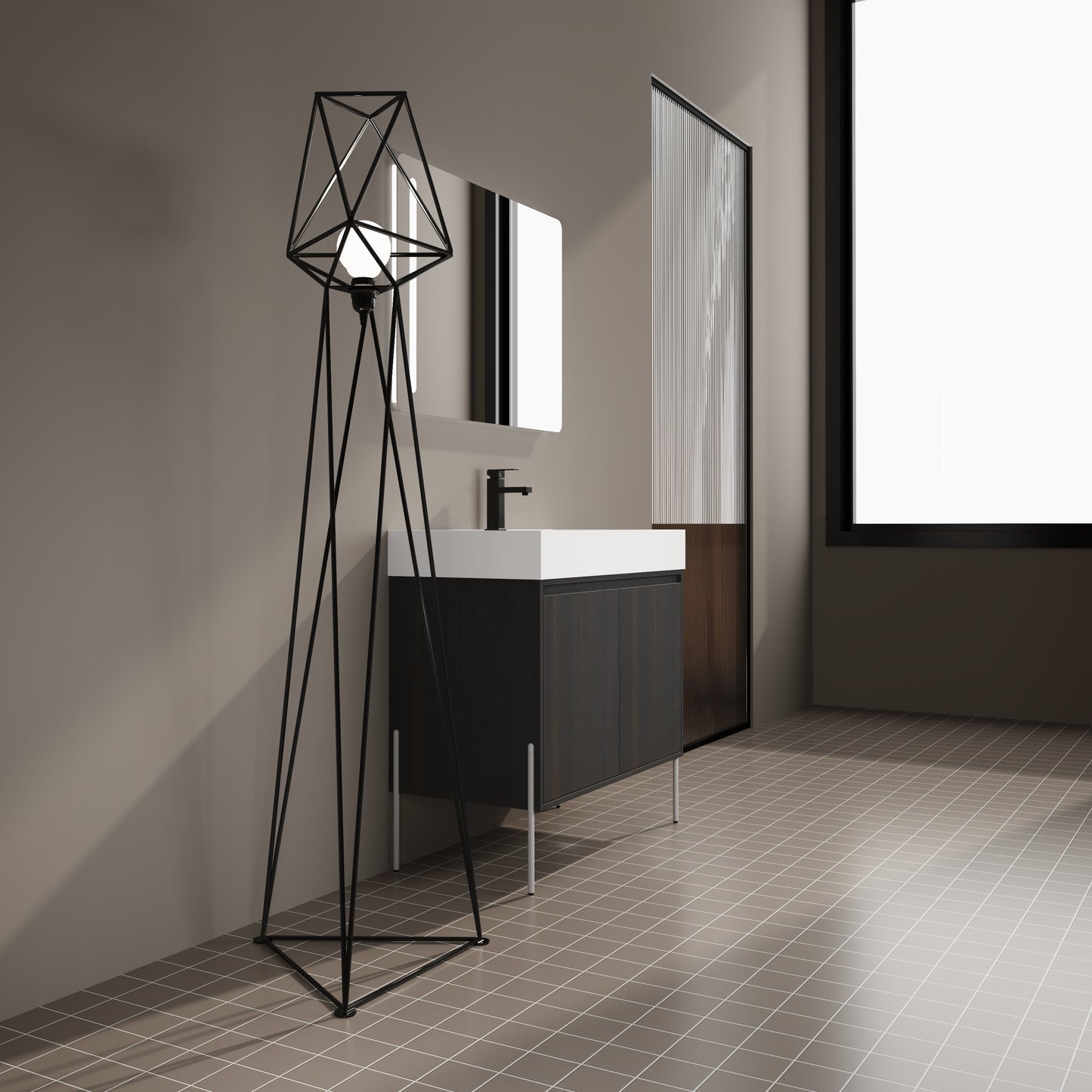 Modern black metal geometric floor lamp with a white bulb illuminating a bathroom