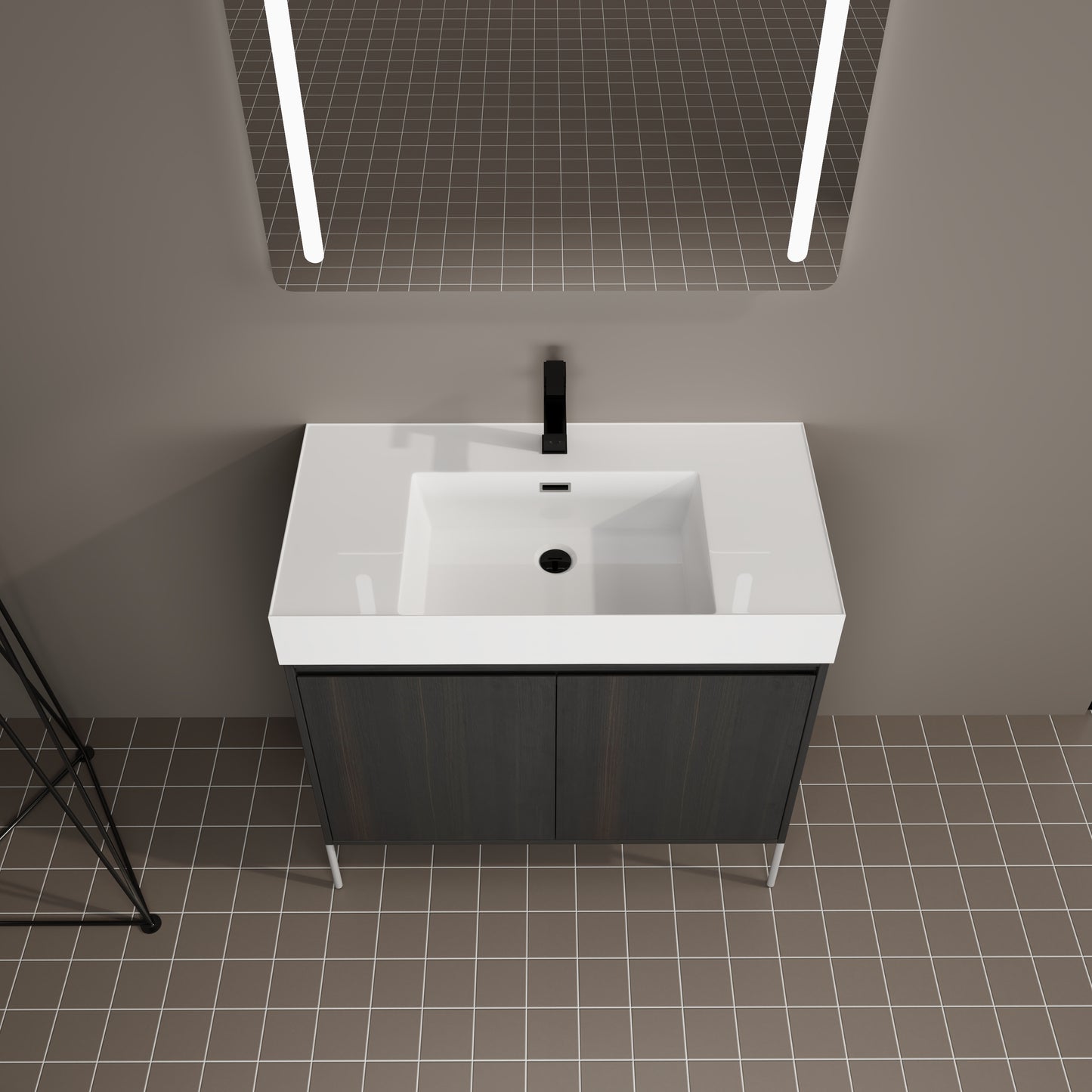 Dark wood modern bathroom vanity with white countertop and sink