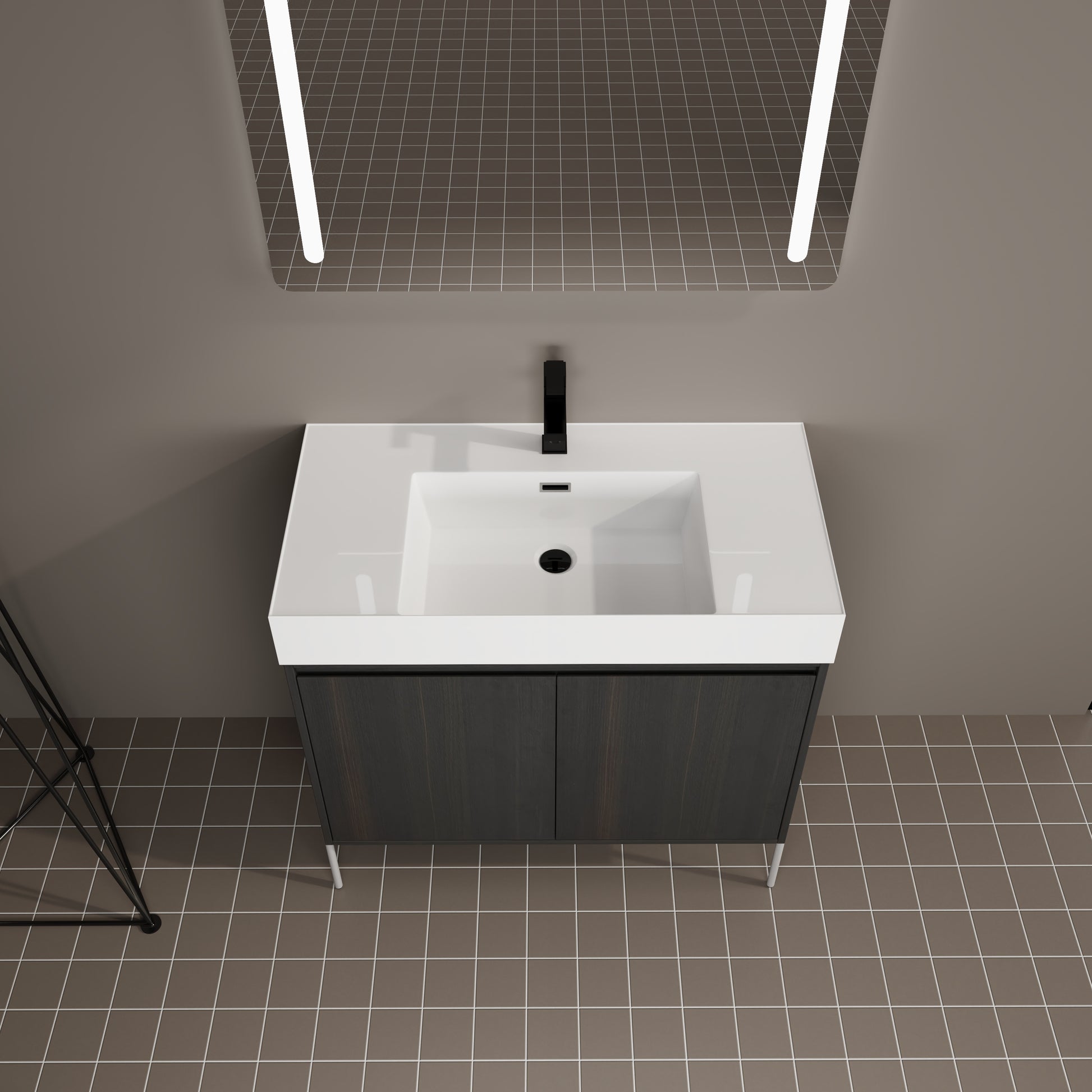 Dark wood modern bathroom vanity with white countertop and sink