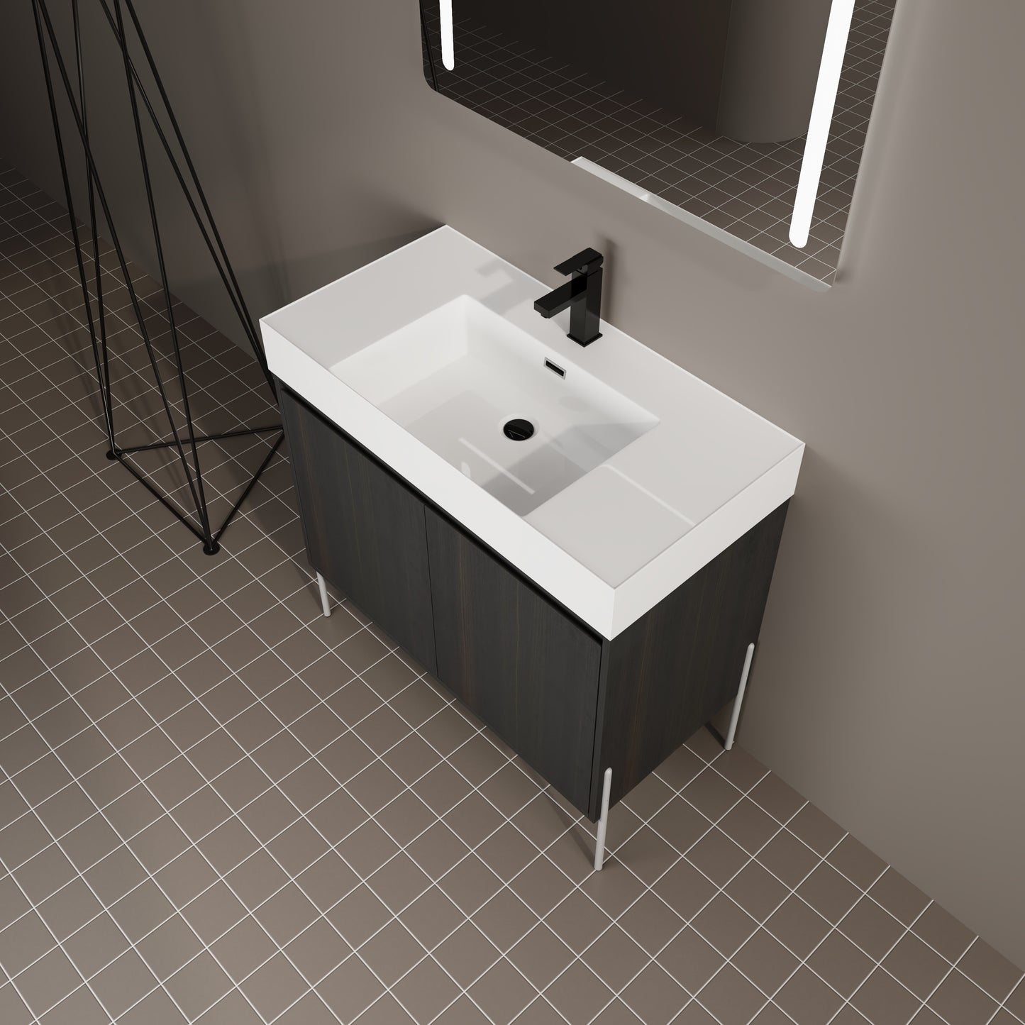 Modern dark wood bathroom vanity with white integrated sink and black faucet
