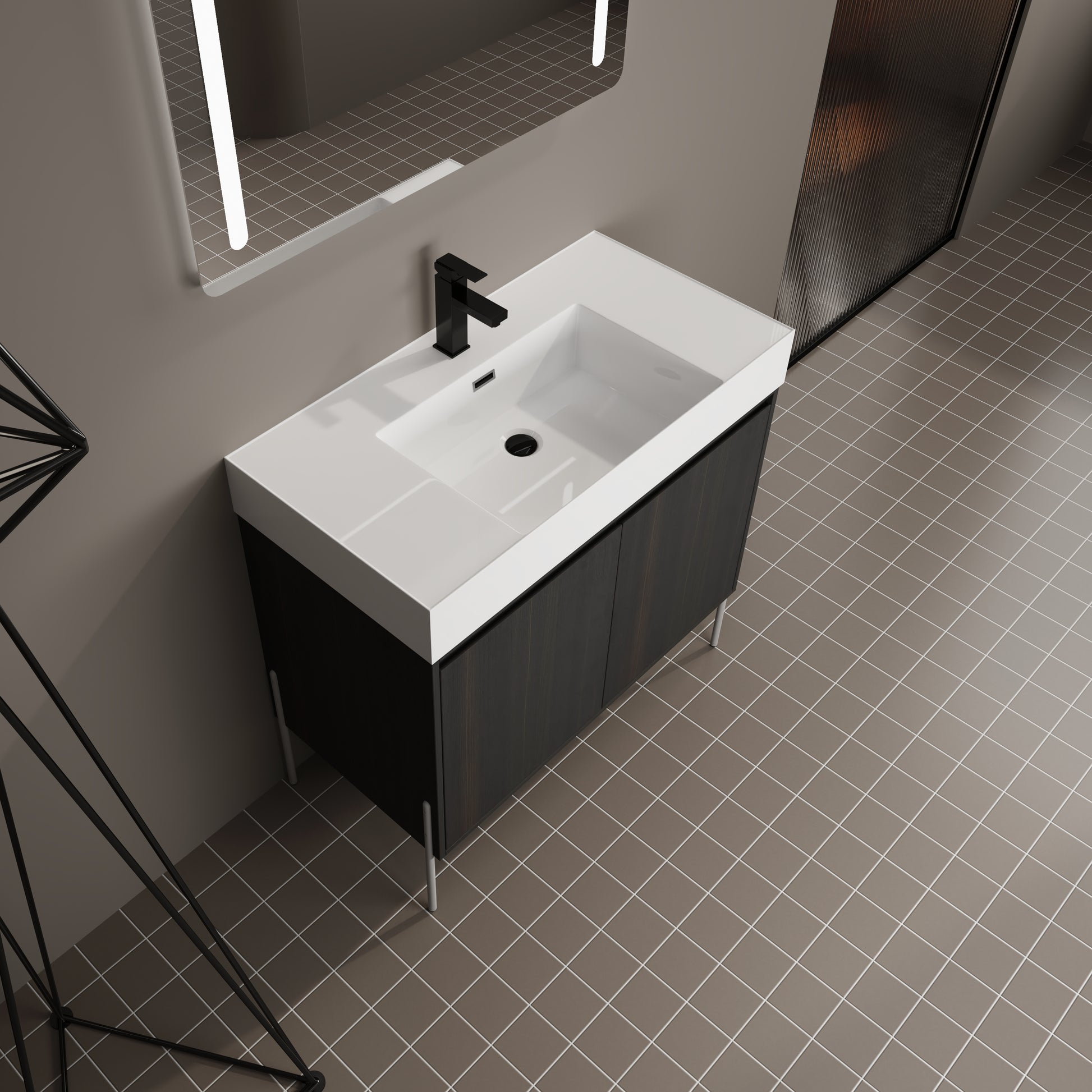 Modern dark wood door bathroom vanity with white quartz top and black faucet