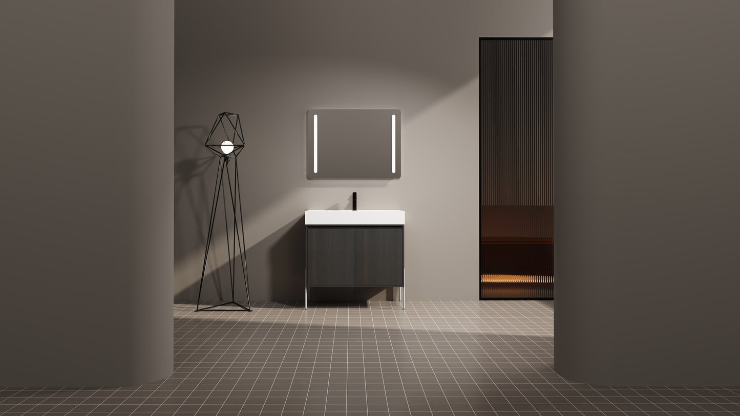 Dark wood modern bathroom vanity with integrated white sink and minimalist black faucet