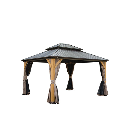 Wooden frame gazebo with doubletier dark metal roof and tan curtains