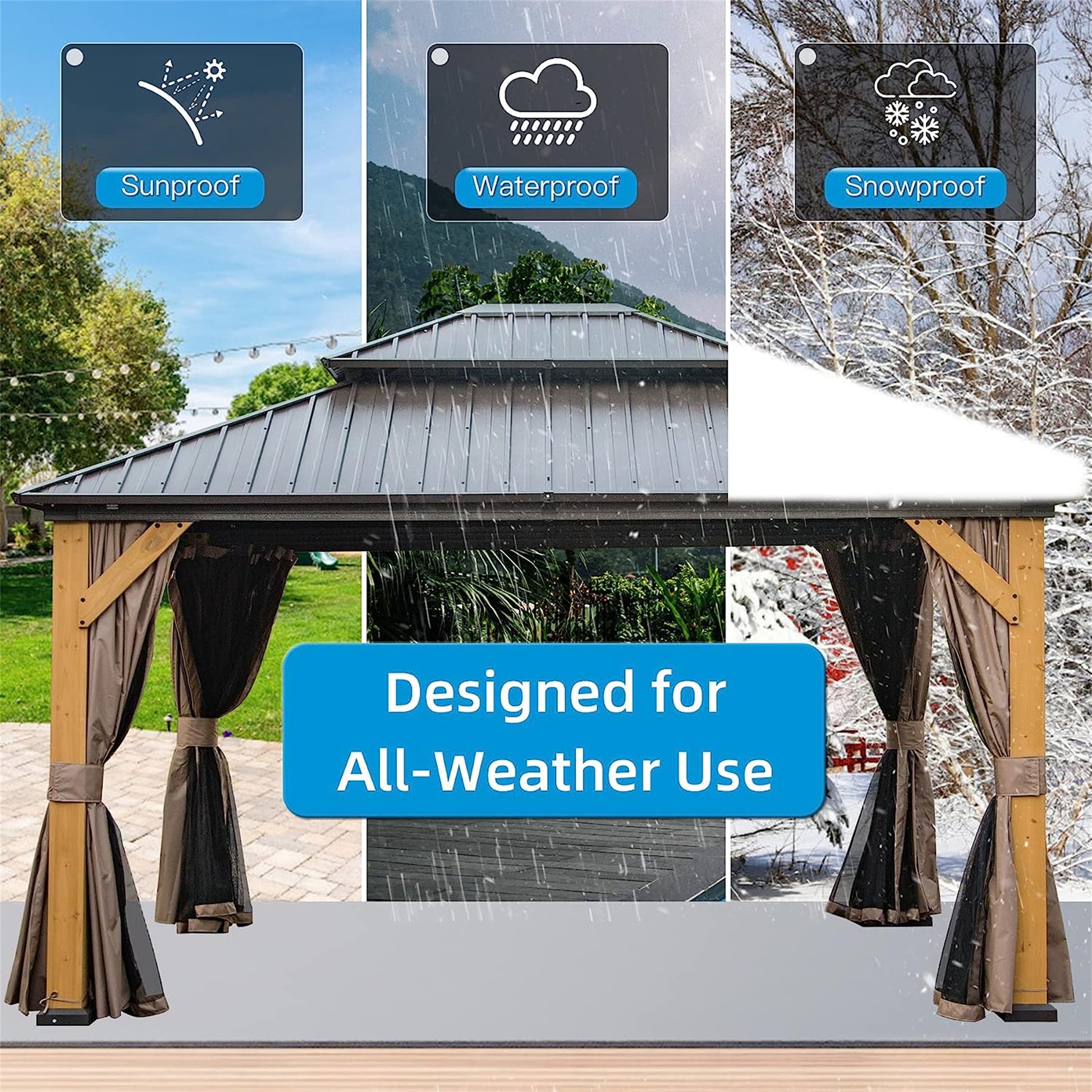 Gazebo with sunproof canopy and brown curtains