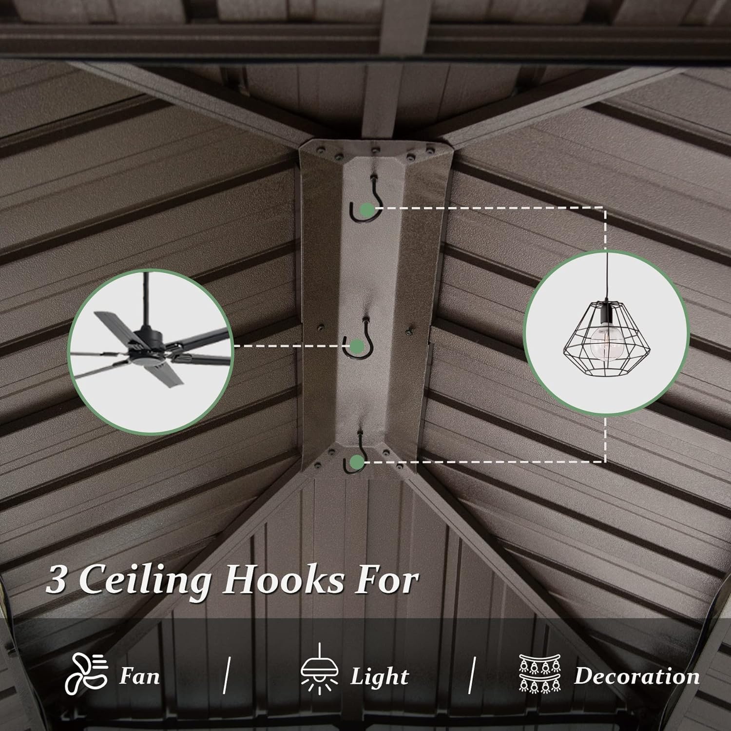 Brown metal gazebo roof showing  ceiling hooks with inset images of a fan and a modern light fixture