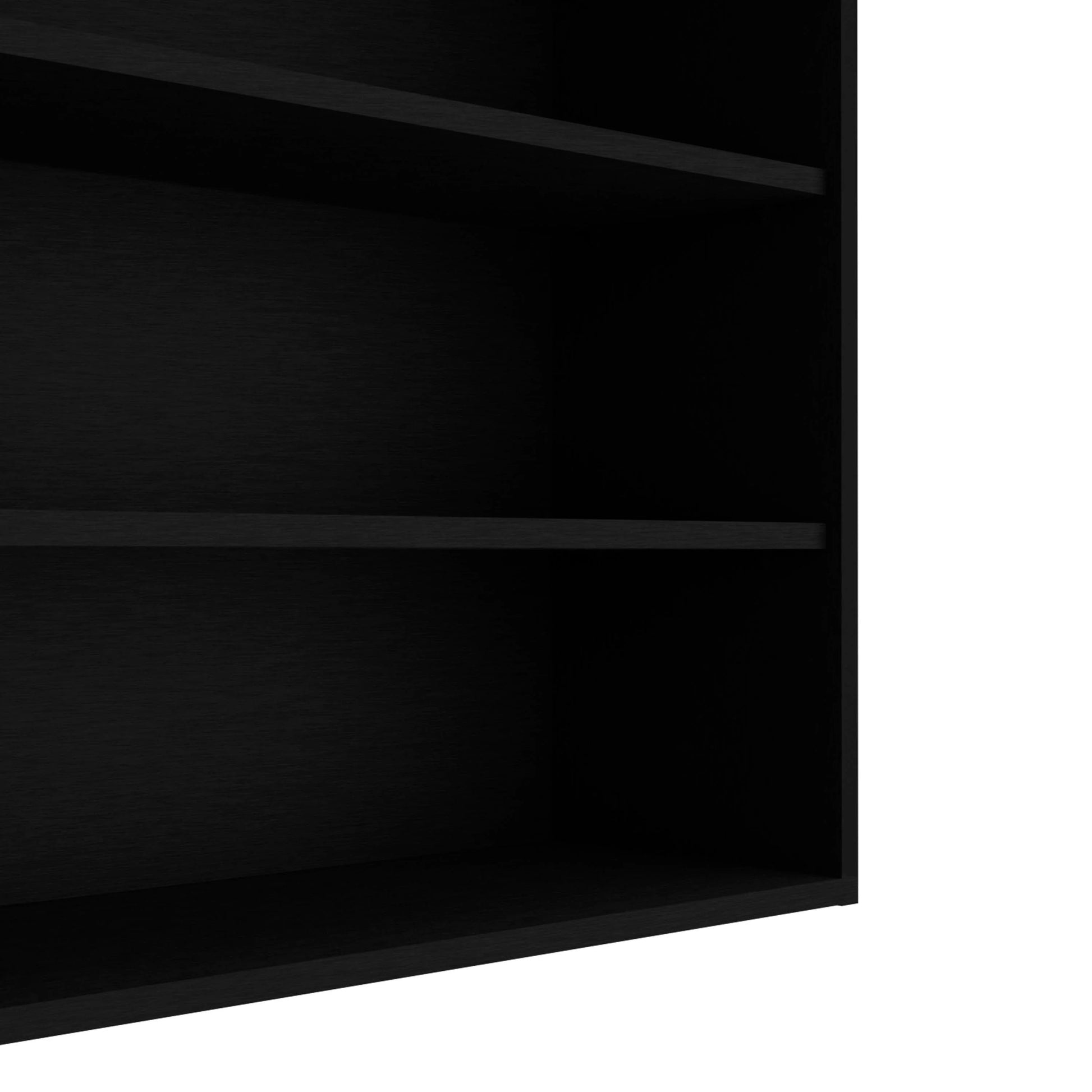 Black wooden bookshelf with two visible shelves
