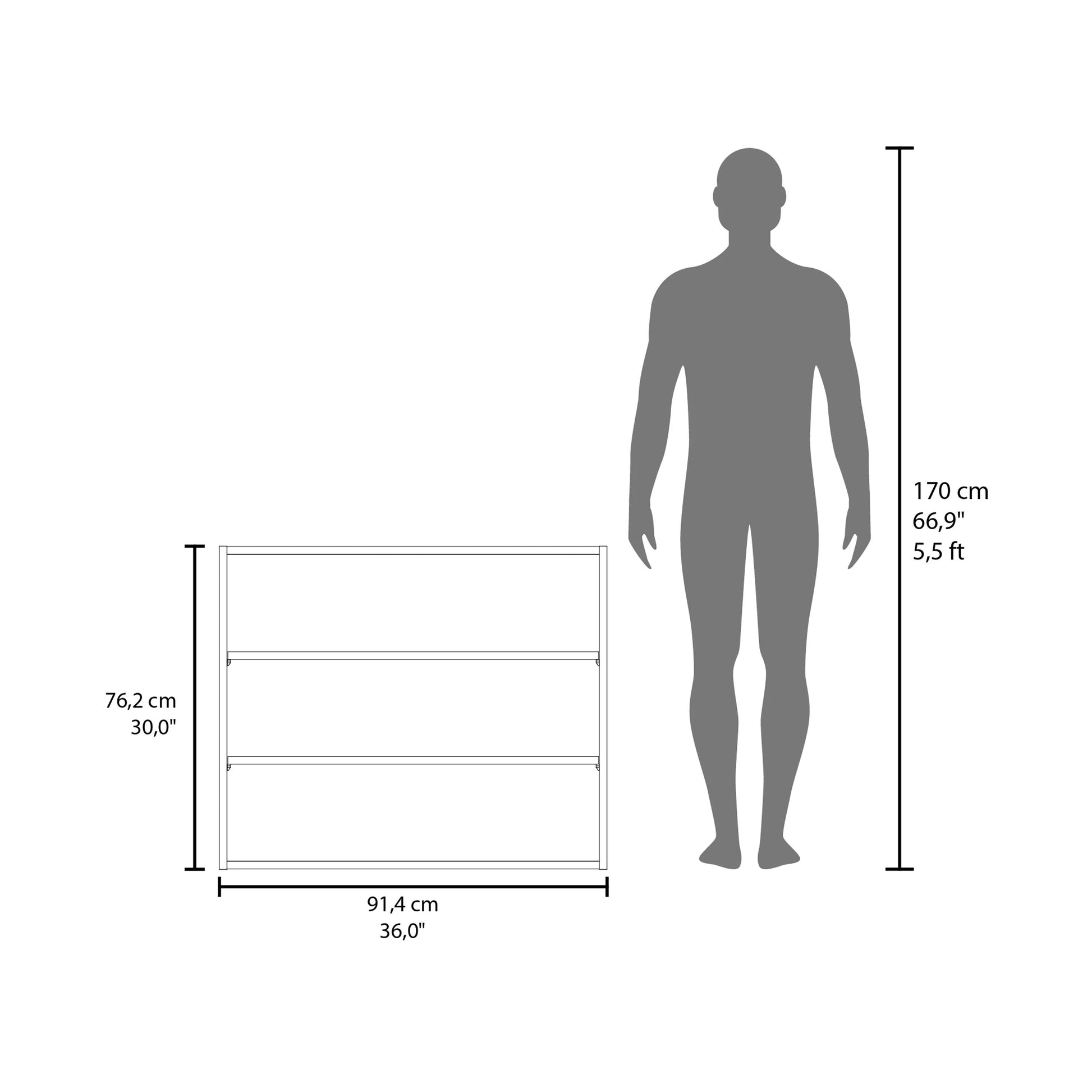 shelf bookcase dimensions shown with human silhouette for scale