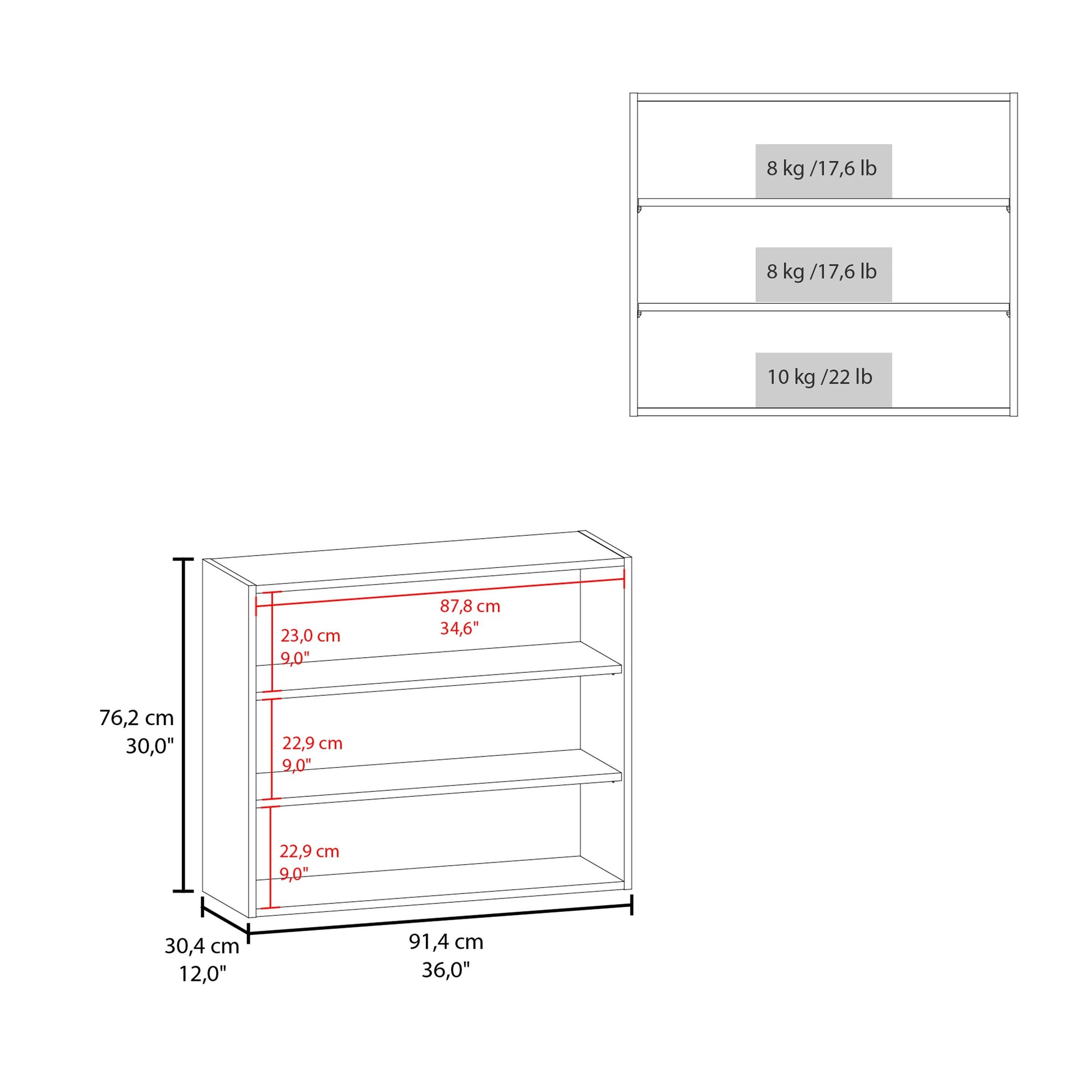 shelf bookcase dimensions cm W x cm H x cm D