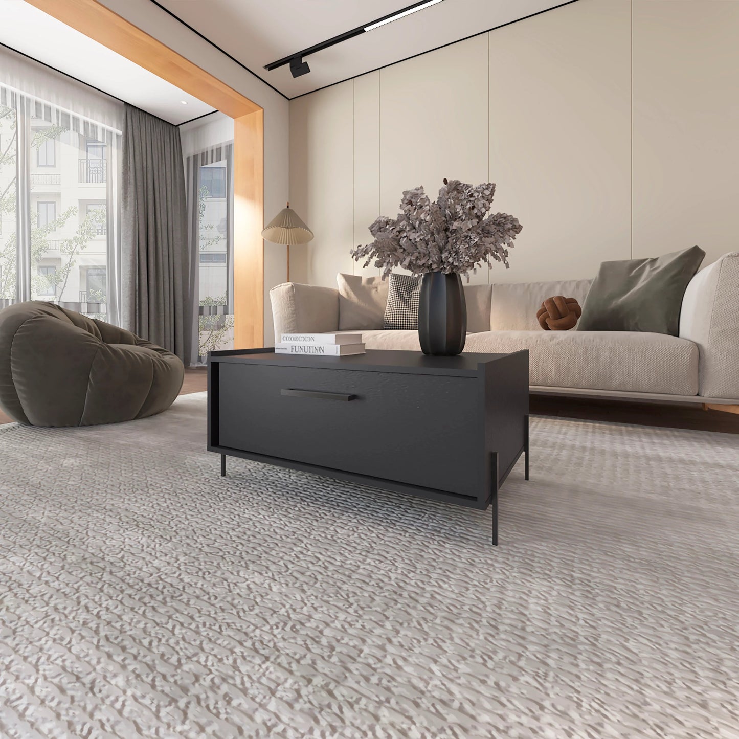 Dark gray modern coffee table with single drawer and slim legs