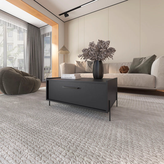 Dark gray modern coffee table with single drawer and slim legs