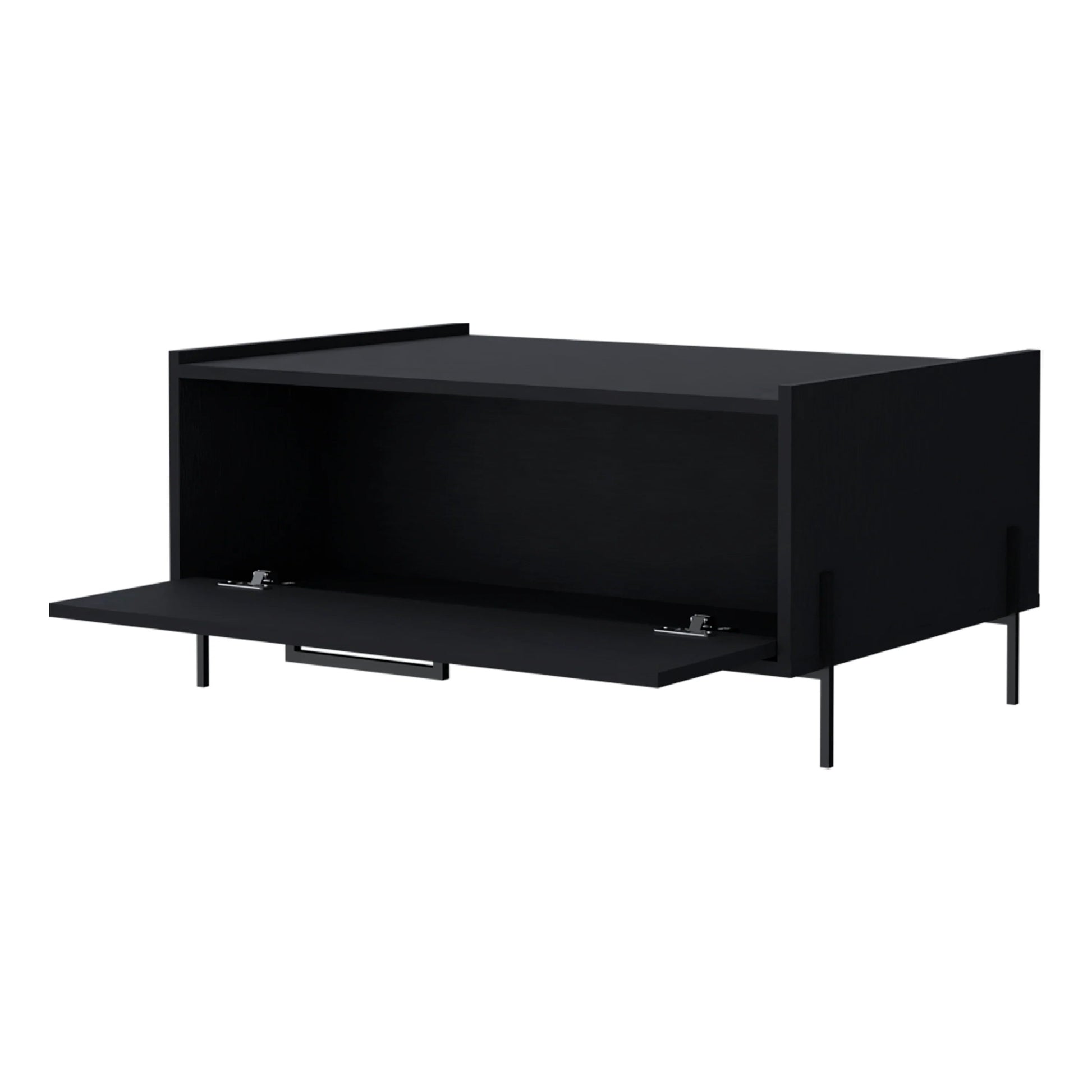 Modern black media console with open shelving and hinged doors