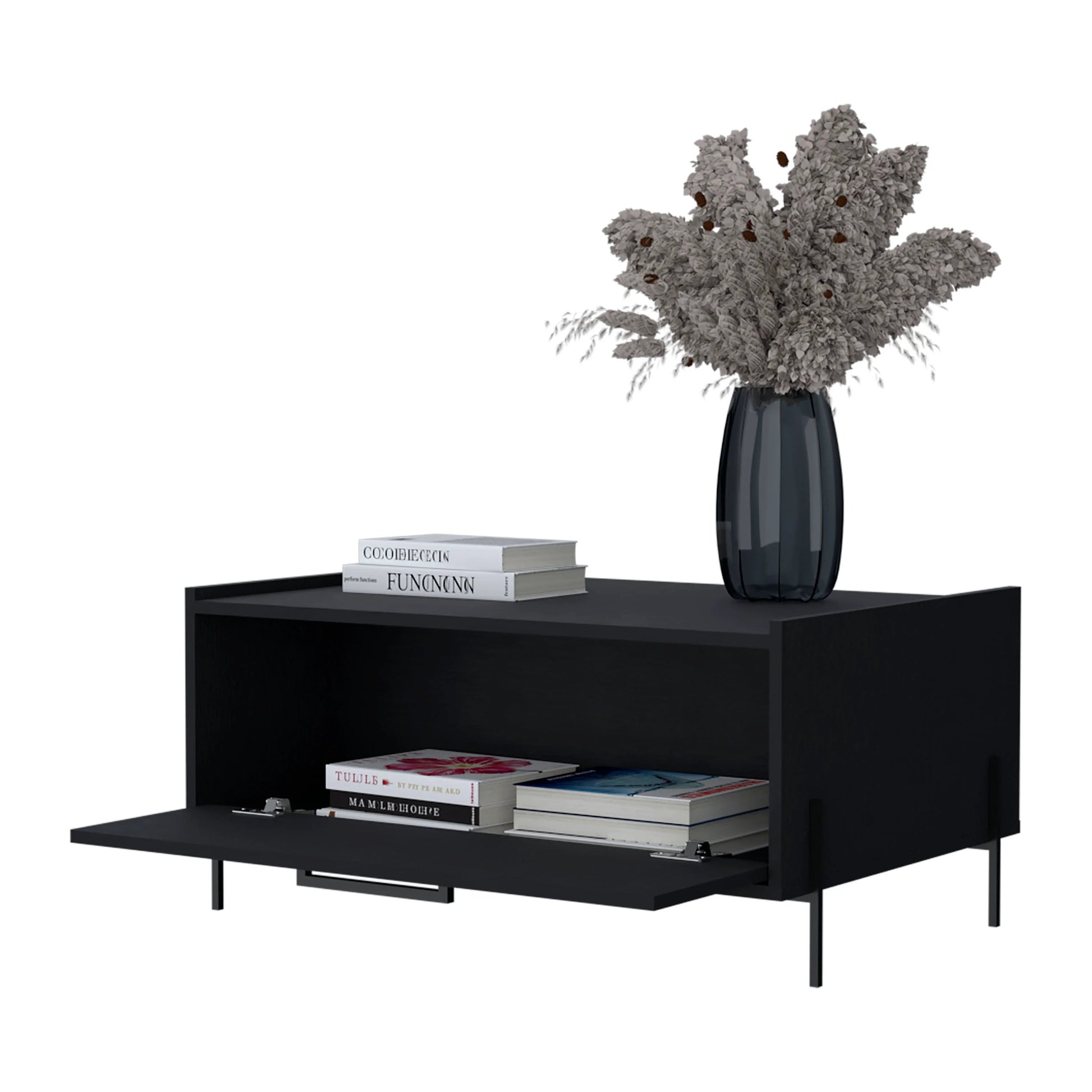 Black minimalist TV stand with open shelf and closed cabinet