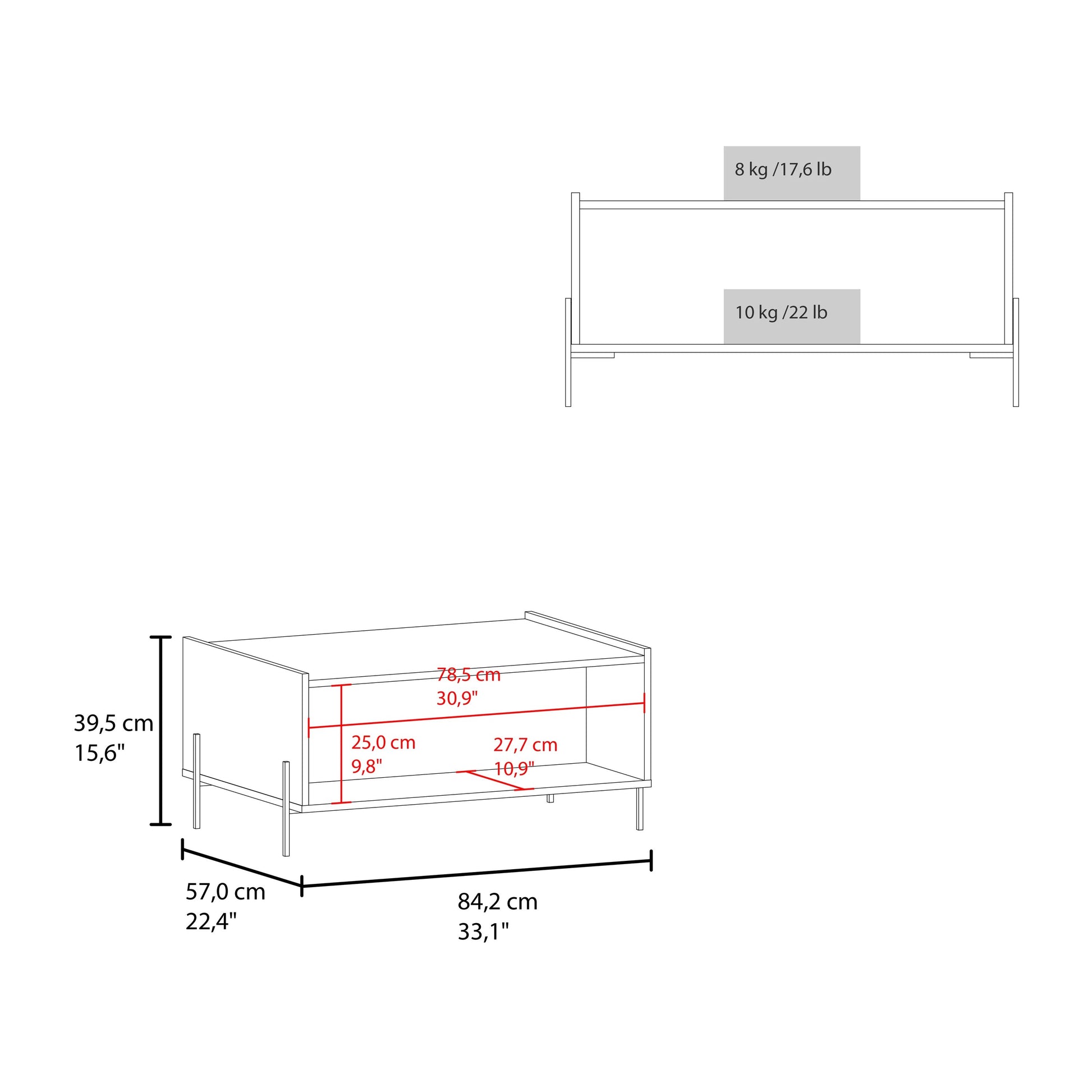 Line drawing of a minimalist media console showing dimensions of cm width and cm height