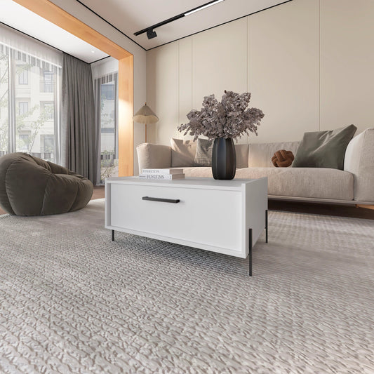 Modern white coffee table with a single drawer and black handle