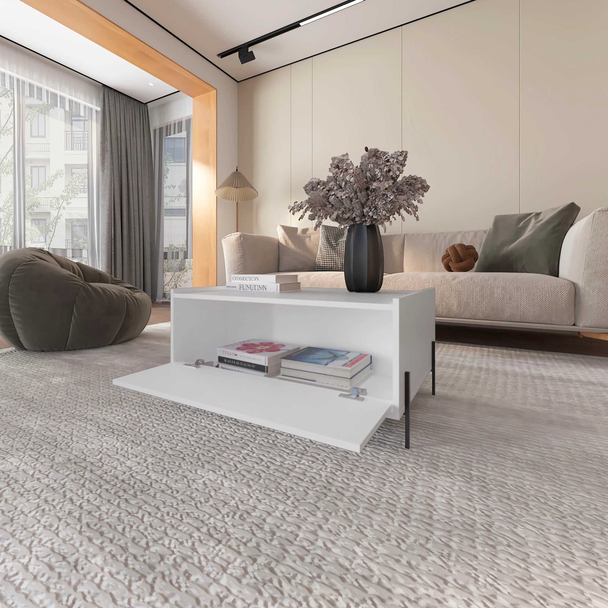 Modern white lifttop coffee table with concealed storage