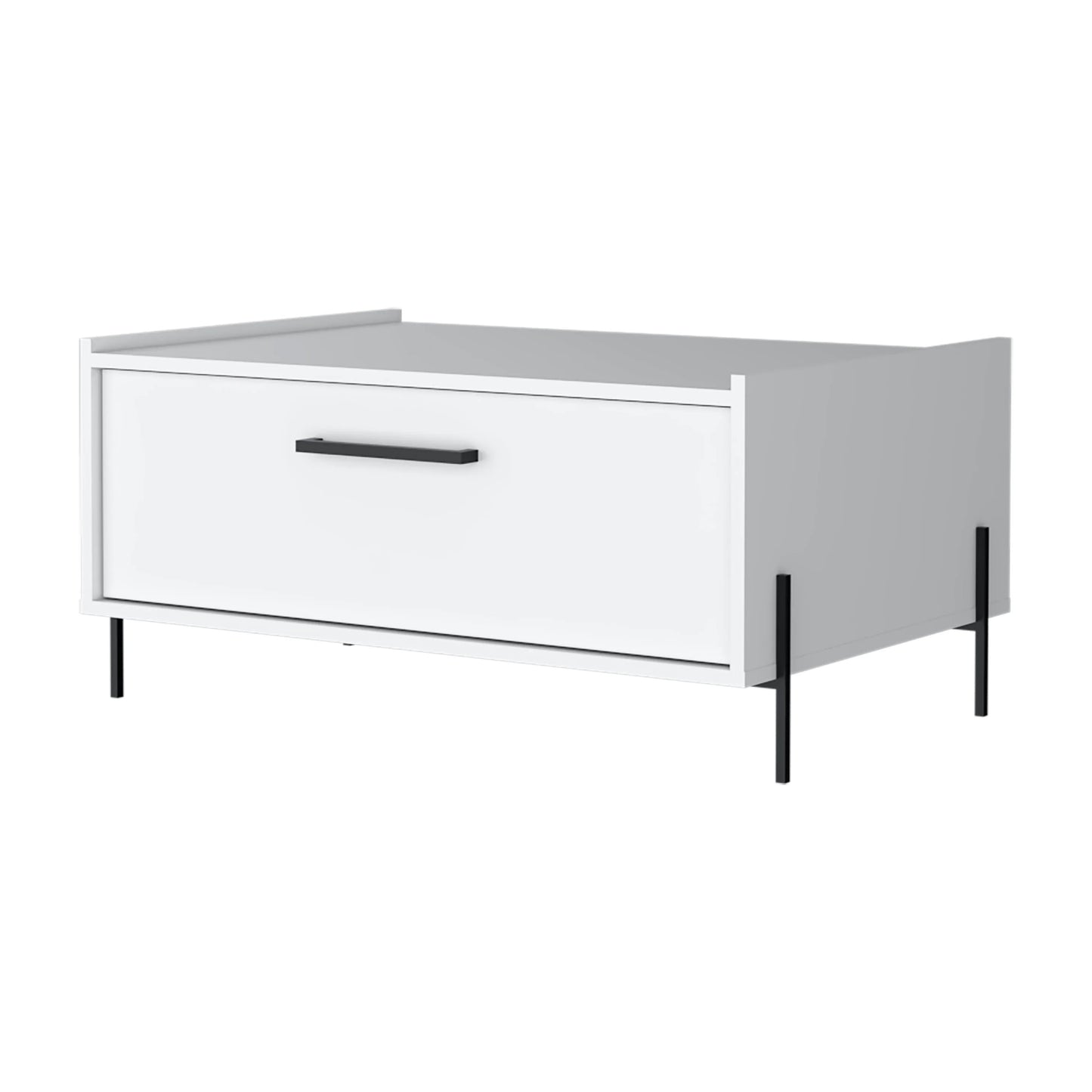 White modern storage cabinet with one drawer and black metal legs